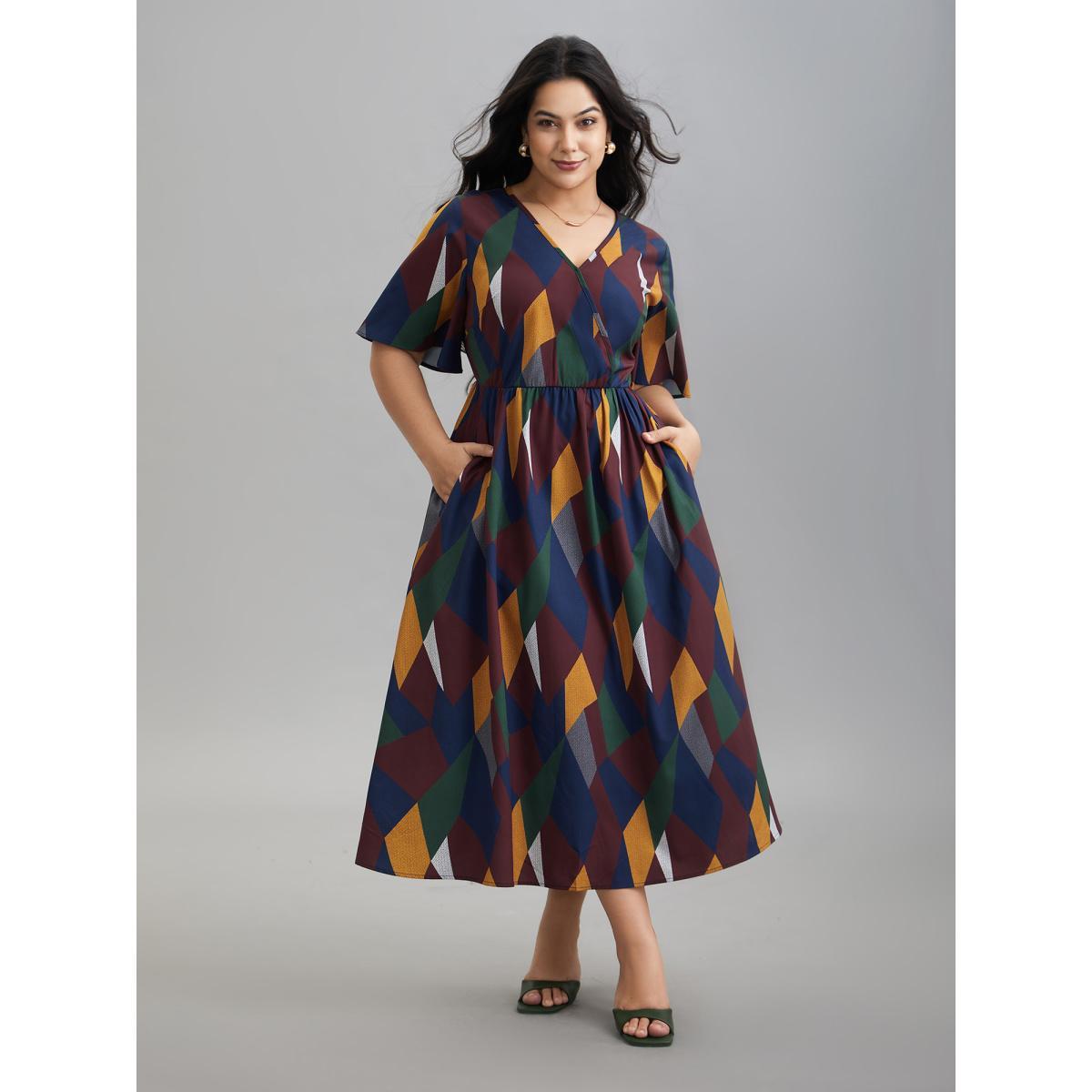 Plus Size Geometric Print Fit and Flare Midi Dress Multicolor Women Elegant Non Overlap Collar Half Sleeve Curvy BloomChic 26/4X Product Image