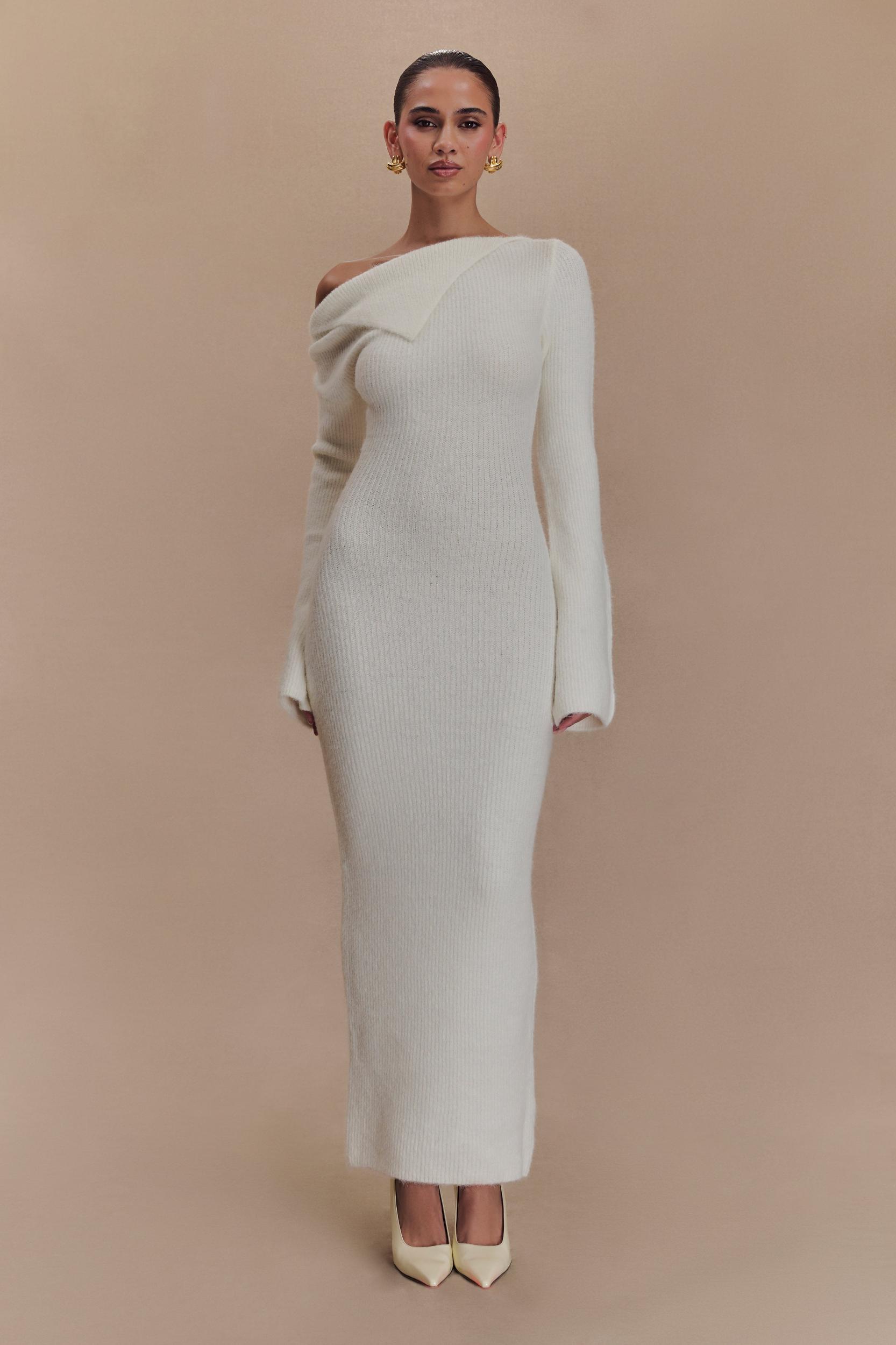 Magenta One Shoulder Fluffy Knit Midi Dress - Ivory Product Image