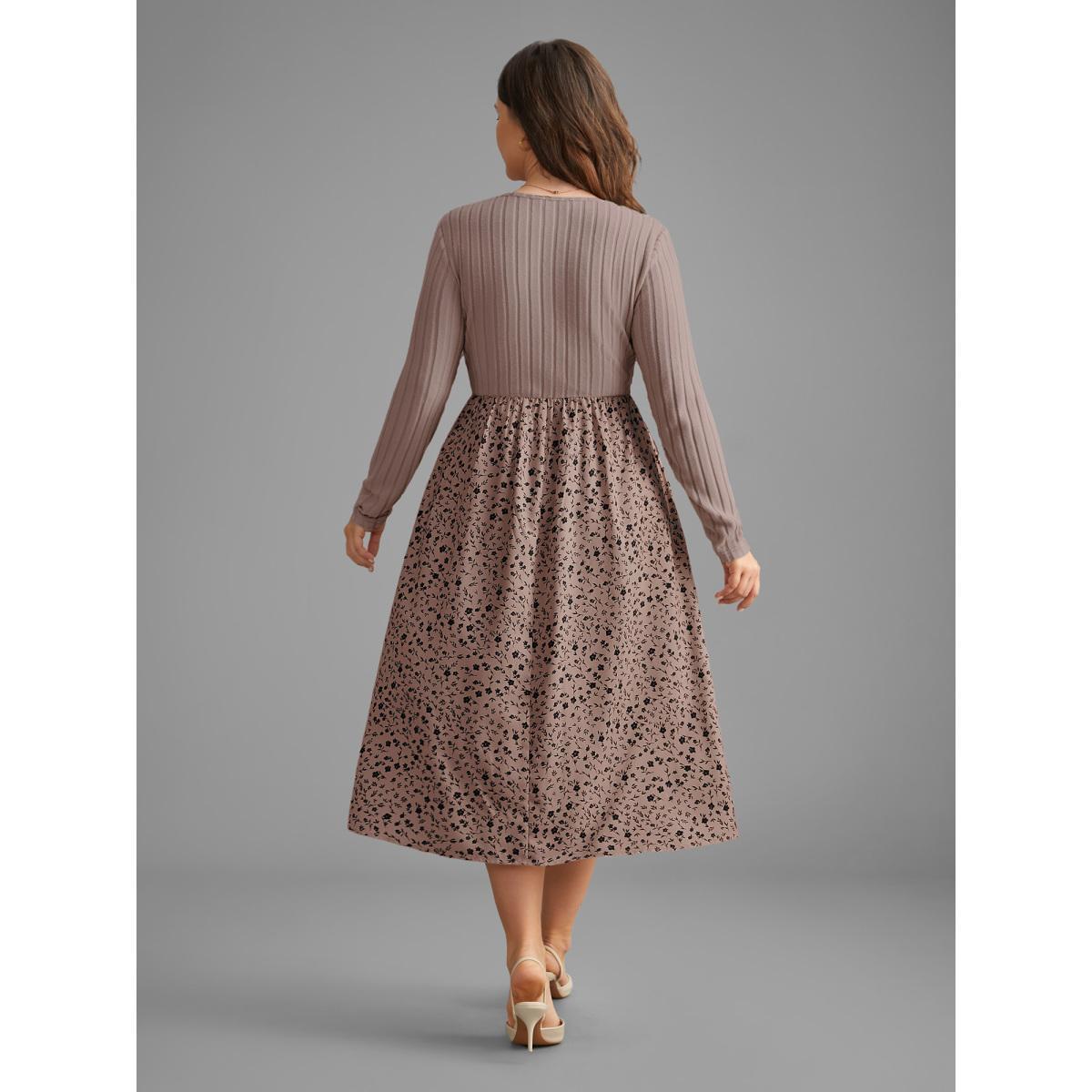 Plus Size Ditsy Floral Patchwork Texture Midi Dress DustyPink Women Elegant Texture V-neck Long Sleeve Curvy BloomChic 12/L Product Image