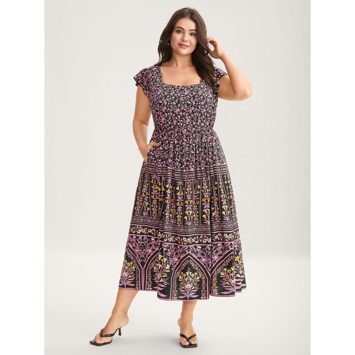 Plus Size Rayon Garden Fresh Ruffled Sleeve Midi Dress Peach Women Heart neckline Cap Sleeve Curvy BloomChic 26/4X Product Image