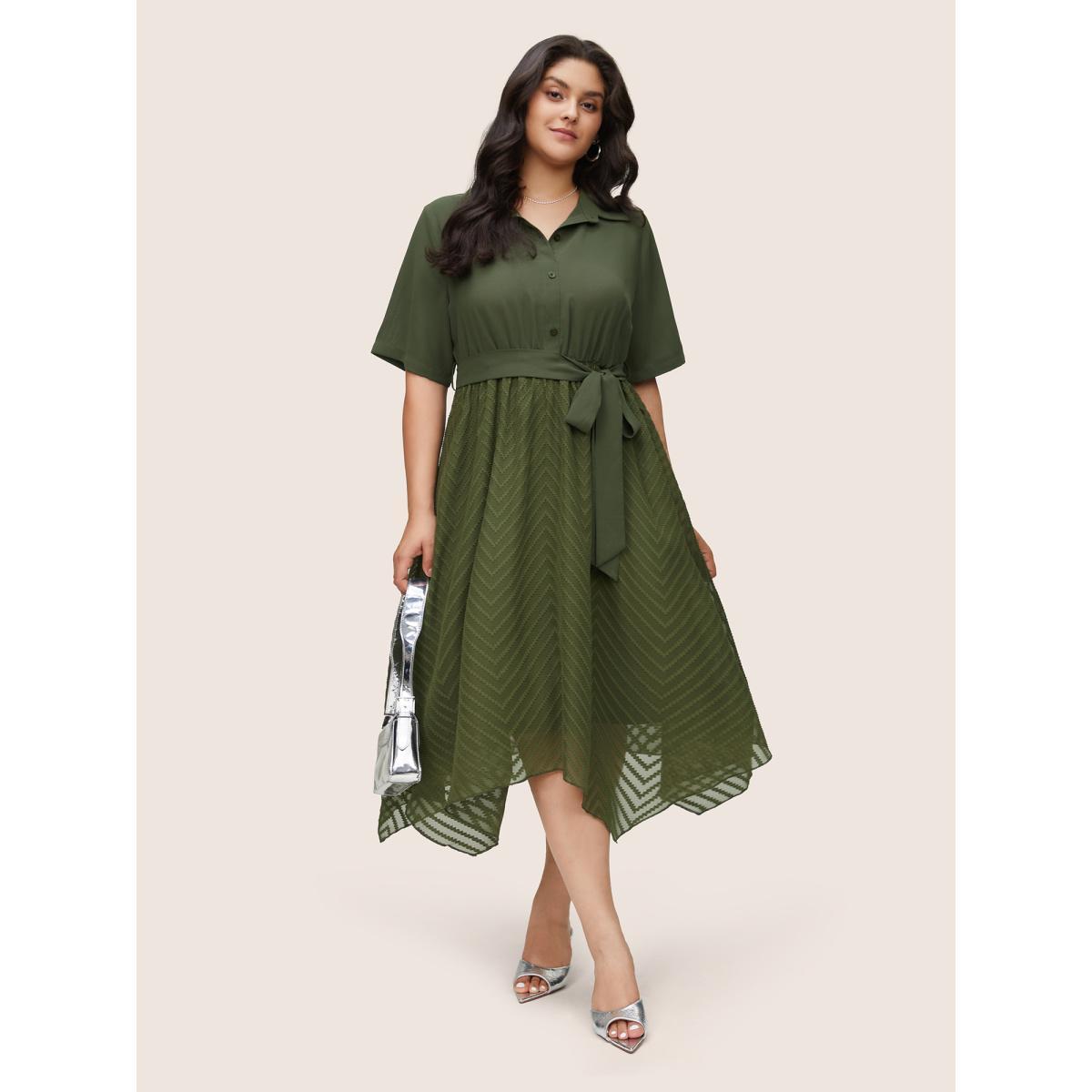 Plus Size Plain Texture Mesh Belted Asymmetrical Hem Dress ArmyGreen Women At the Office Texture Shirt collar Short sleeve Curvy Midi Dress BloomChic 28/5X Product Image