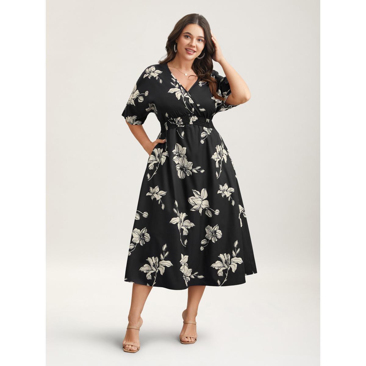 Plus Size Silhouette Floral Print Shirred Waist Midi Dress BlackFlower Women Elegant Shirred Overlap Collar Short sleeve Curvy BloomChic 22-24/3X Product Image