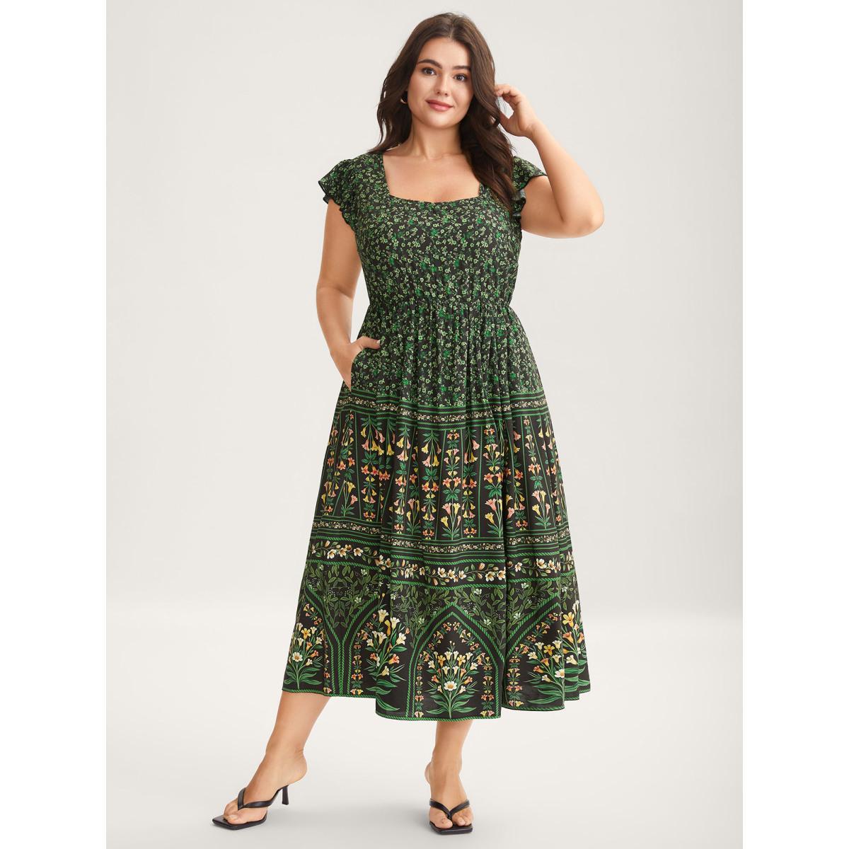 Plus Size Rayon Garden Fresh Ruffled Sleeve Midi Dress DarkGreen Women Heart neckline Cap Sleeve Curvy BloomChic 14-16/1X Product Image