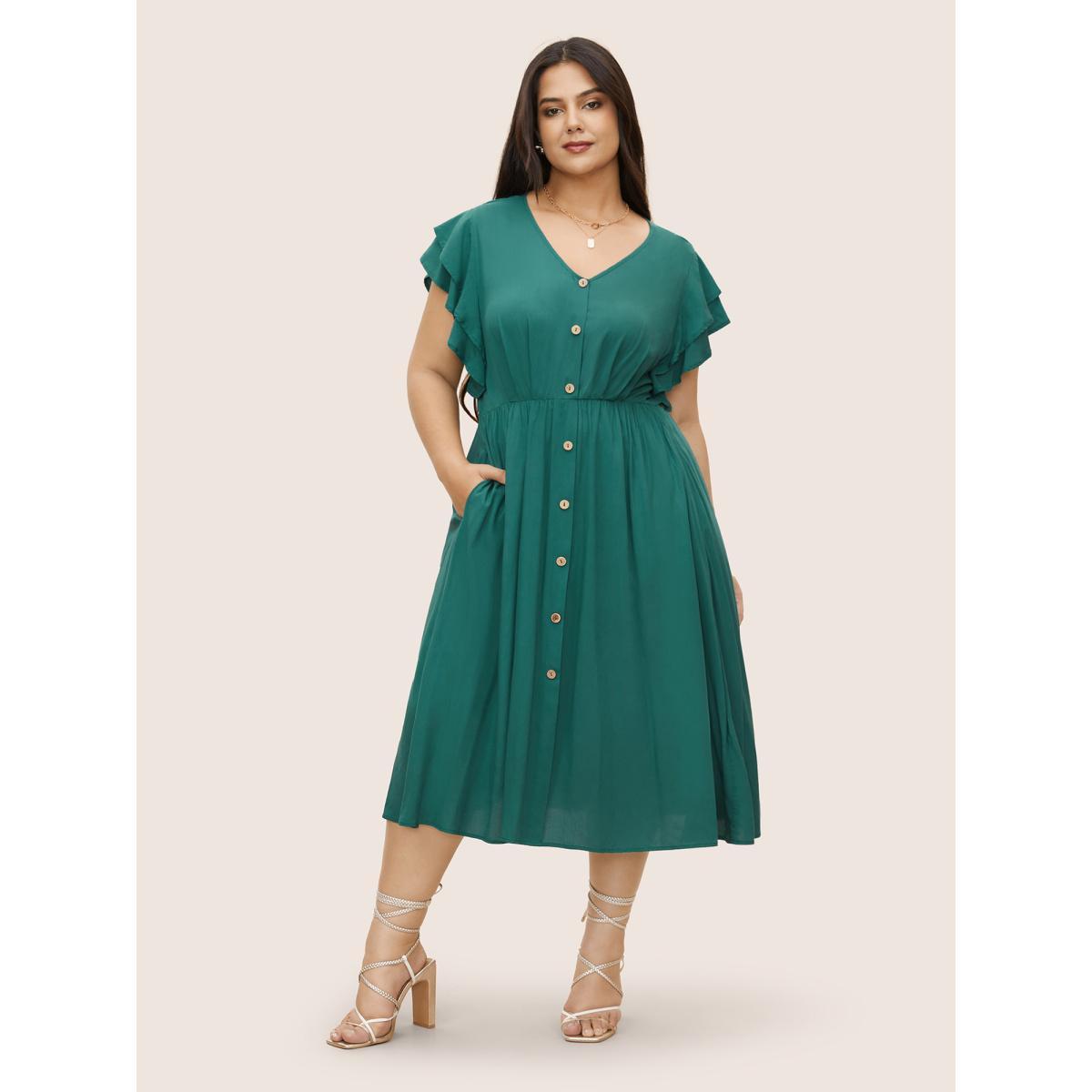 Plus Size Citrus Solid Tiered Ruffle Cap Sleeve Button Detail Dress DarkGreen Women Elegant Gathered V-neck Cap Sleeve Curvy Midi Dress BloomChic 30/6X Product Image