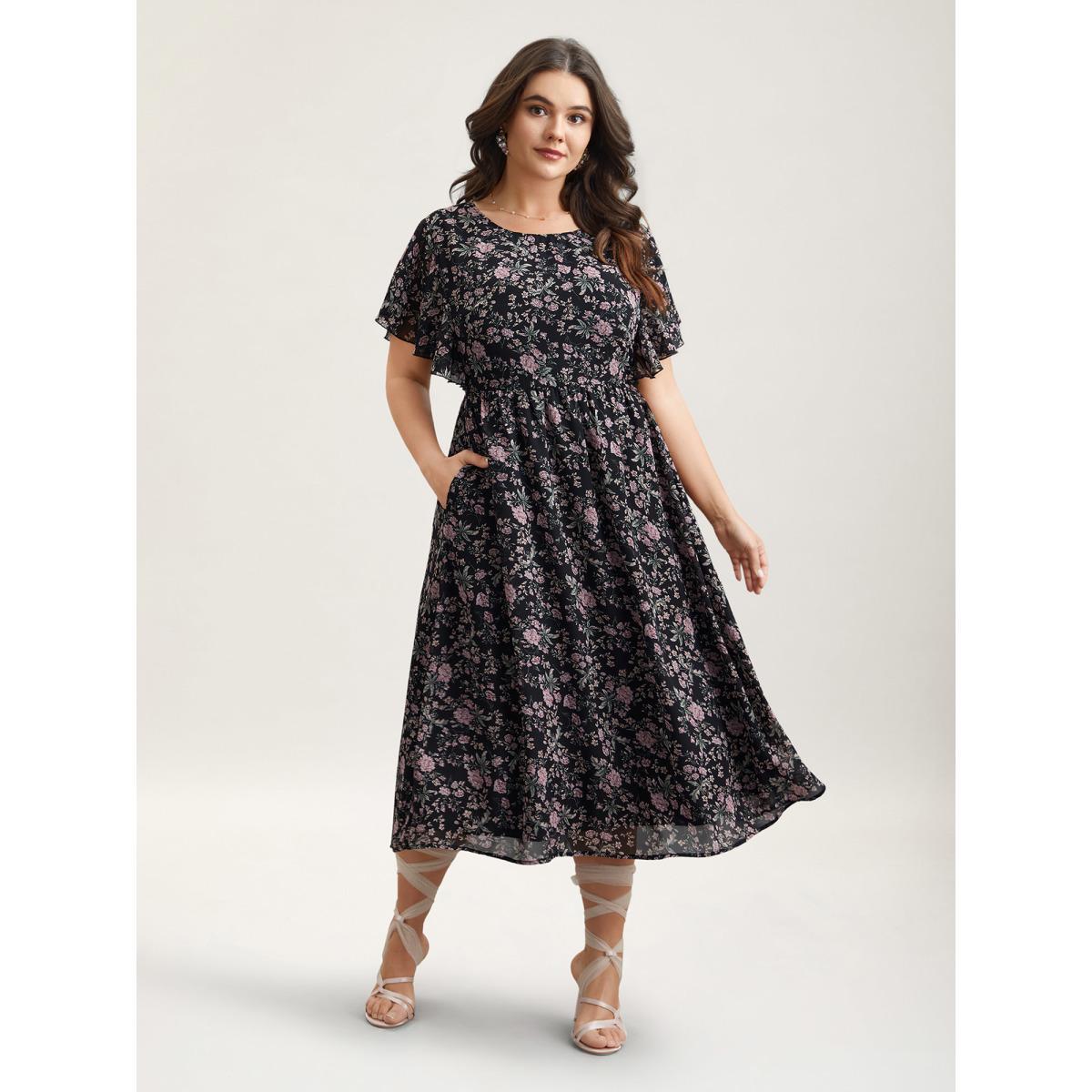 Plus Size Chiffon Floral Print Ruffled Midi Dress BlackFlower Women Elegant Ruffles Round Neck Short sleeve Curvy BloomChic 12/L Product Image
