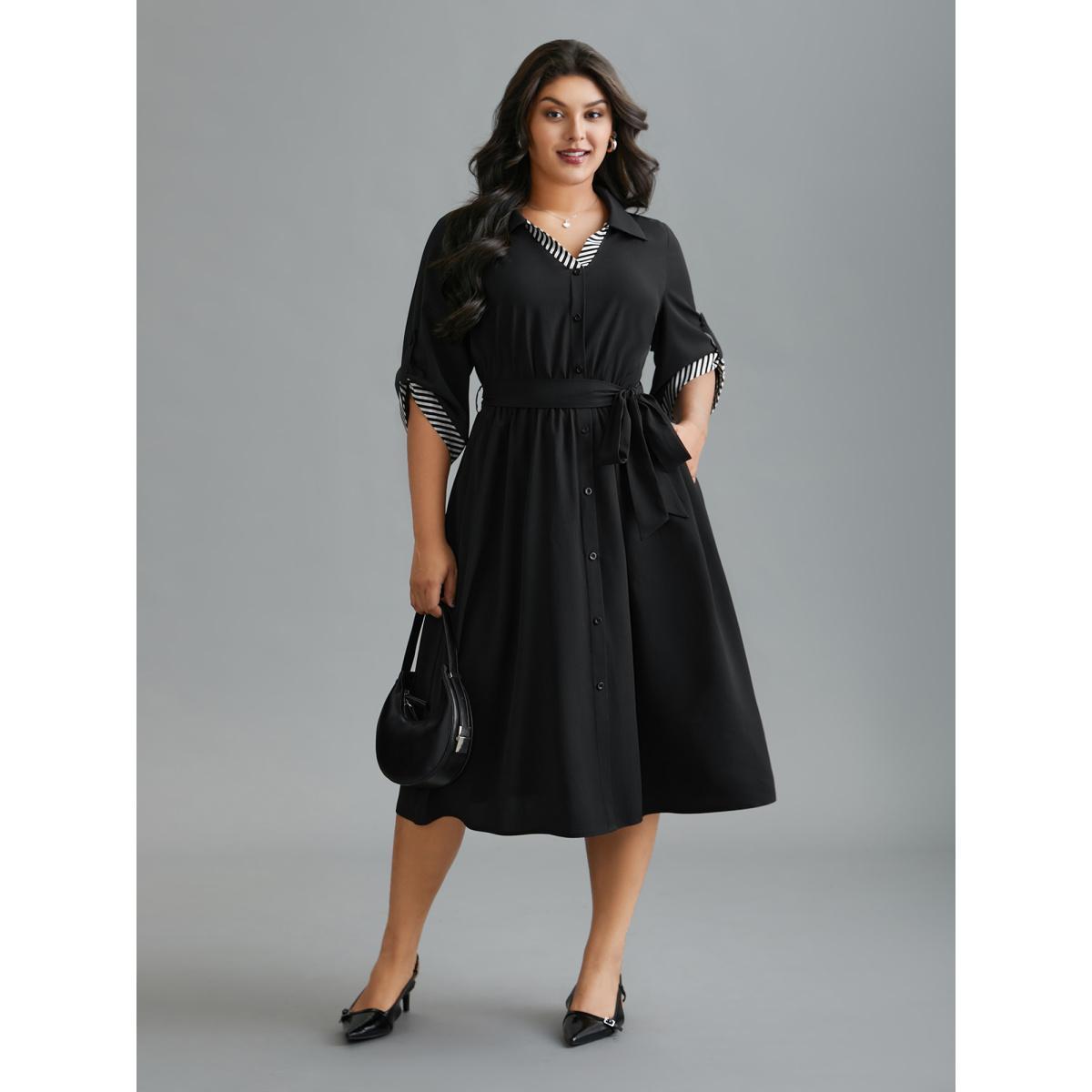 Plus Size Tab Sleeve Striped Belted Shirt Dress Black Women At the Office Belted Shirt collar Elbow-length sleeve Curvy BloomChic 26/4X Product Image