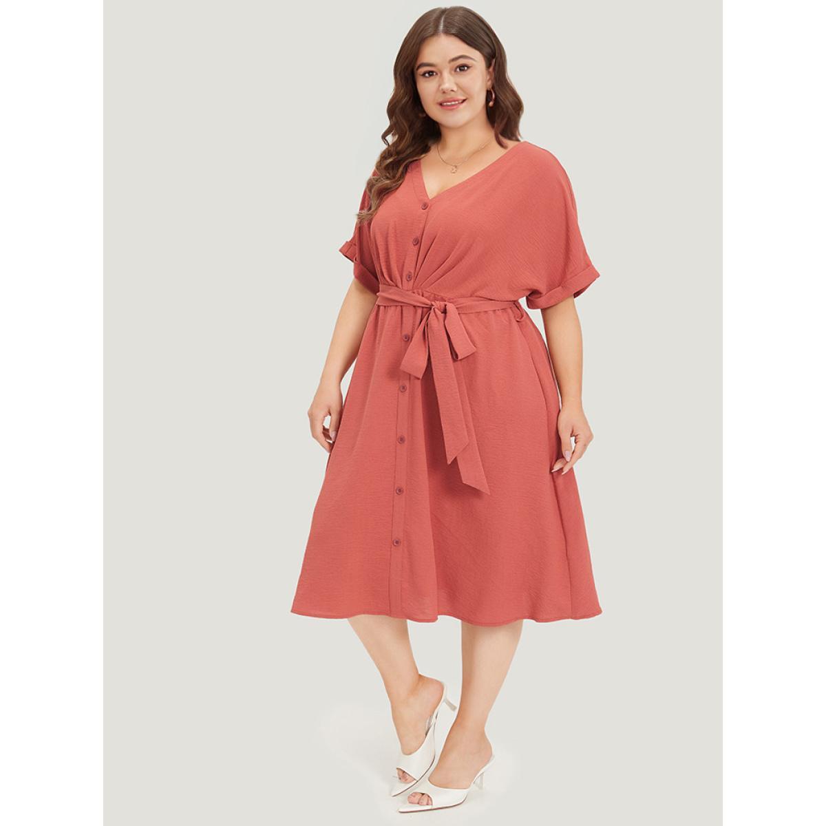 Plus Size Solid Pocket Button Detail Ties Roll Sleeve Dress Rust Women Office Plain V-neck Short sleeve Curvy Midi Dress BloomChic 10/M Product Image