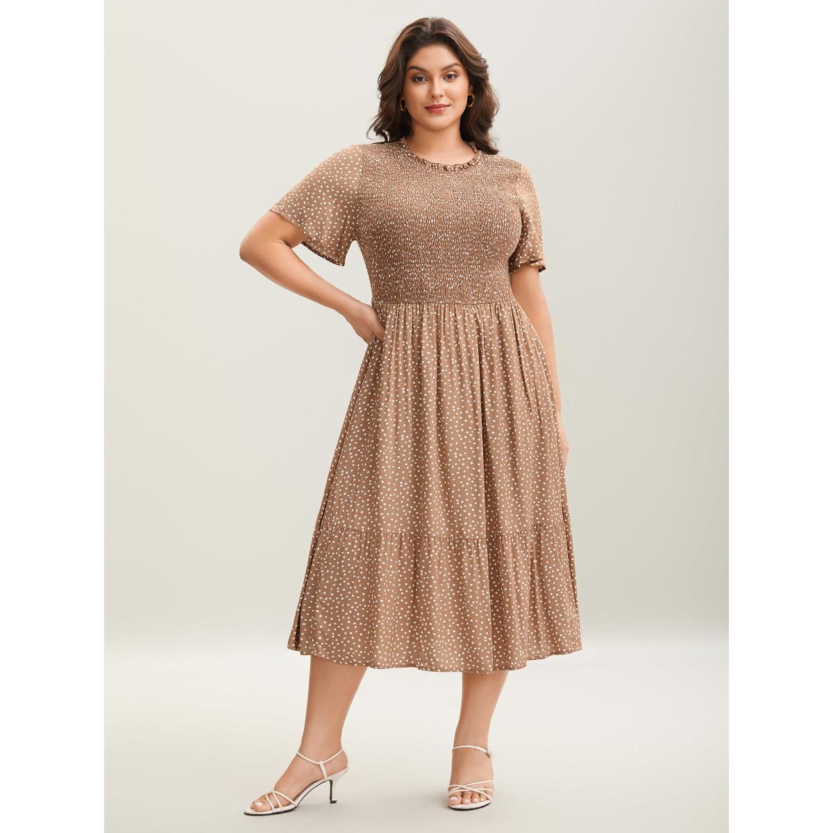 Plus Size Shirred Polka Dots Pockets Midi Dress Tan Women Round Neck Short sleeve Curvy BloomChic 12/L Product Image