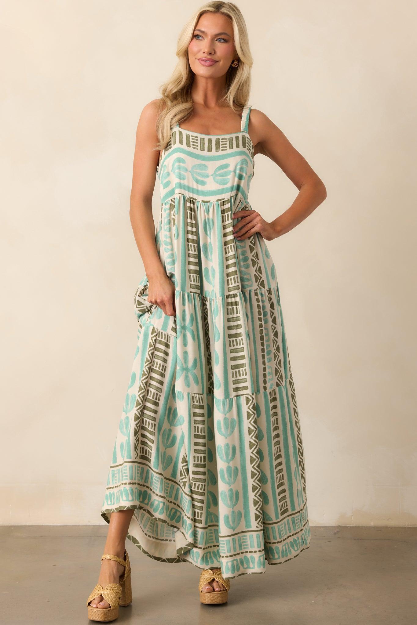Just The Beginning Seafoam Green Tropical Print Maxi Dress Product Image
