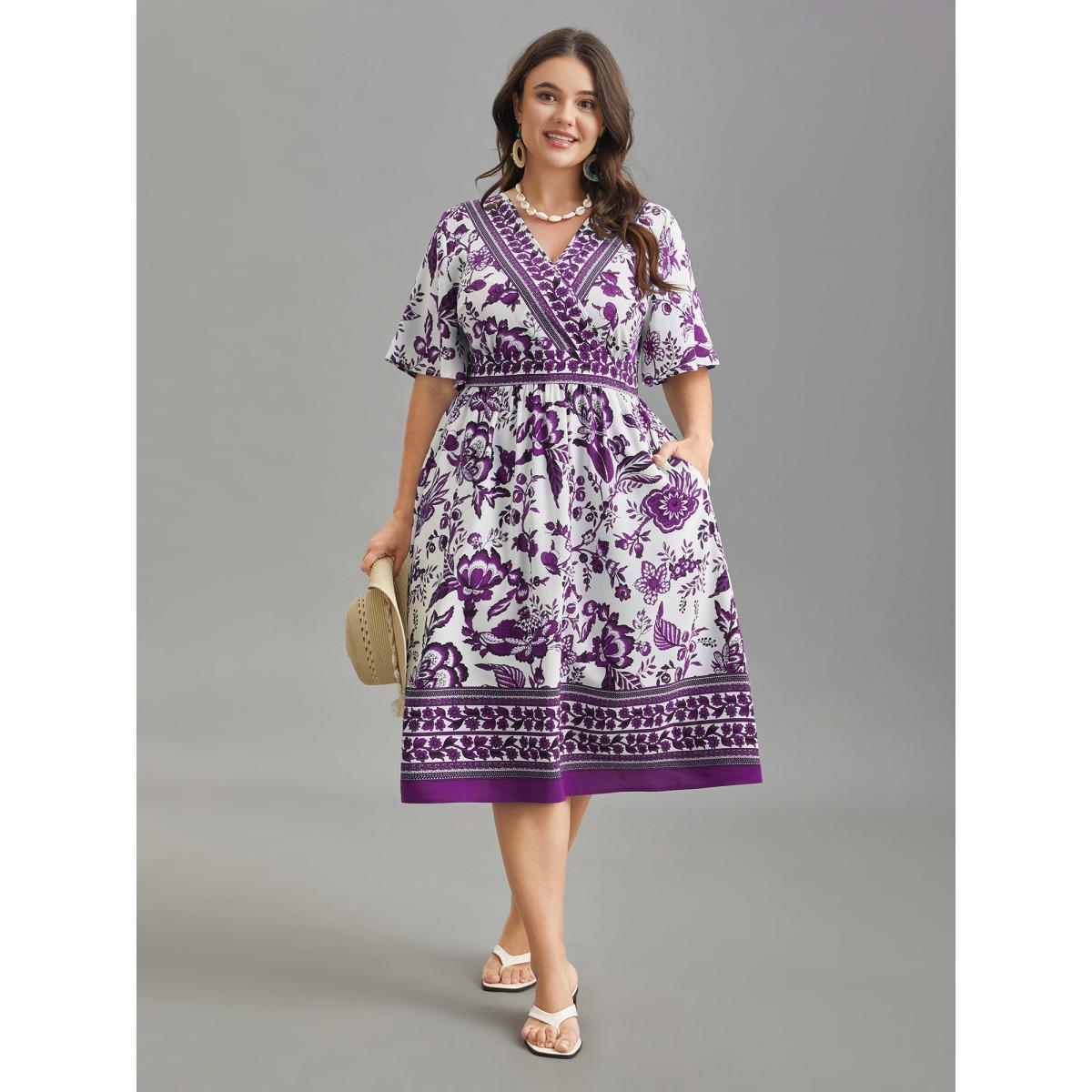 Plus Size Floral Print Wrap-Neck Pocket Midi Dress Mauve Women Resort Non Overlap Collar Short sleeve Curvy BloomChic 12/L Product Image