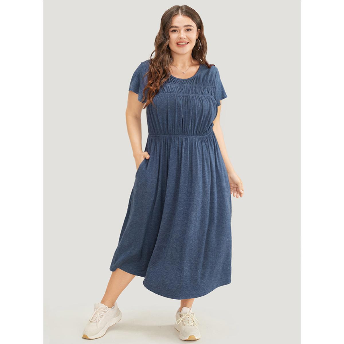 Plus Size Plain Gathered Pocket Round Neck Ruffle Sleeve Dress DarkBlue Women Office Gathered Round Neck Short sleeve Curvy Midi Dress BloomChic 26/4X Product Image