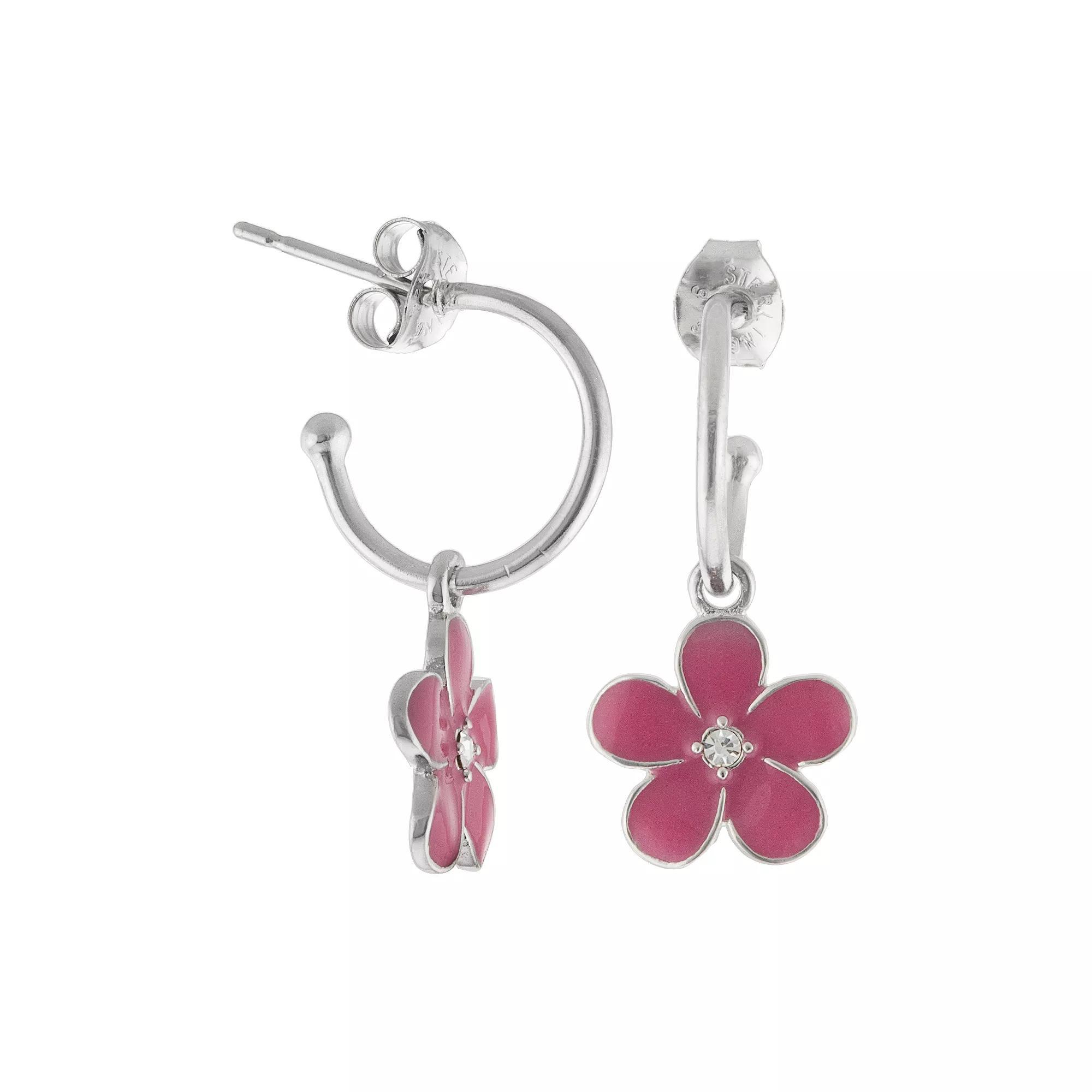 Silver Plated Crystal Flower Hoop Drop Earrings, Women's Product Image