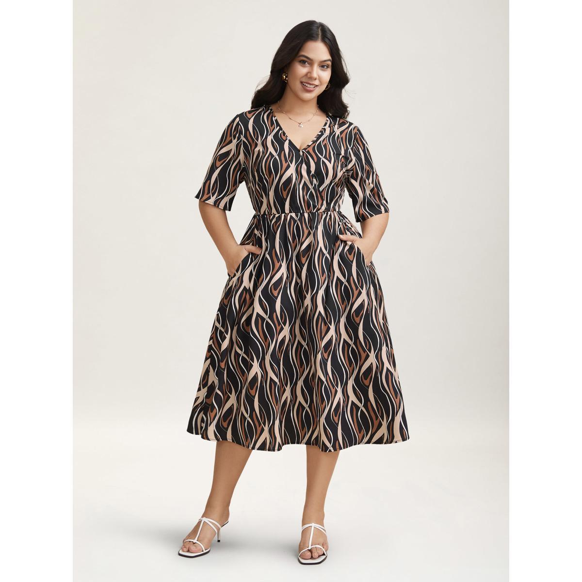 Plus Size Abstract Print Surplice Neck Pockets Midi Dress BlackFlower Women Elegant Non Overlap Collar Short sleeve Curvy BloomChic 22-24/3X Product Image