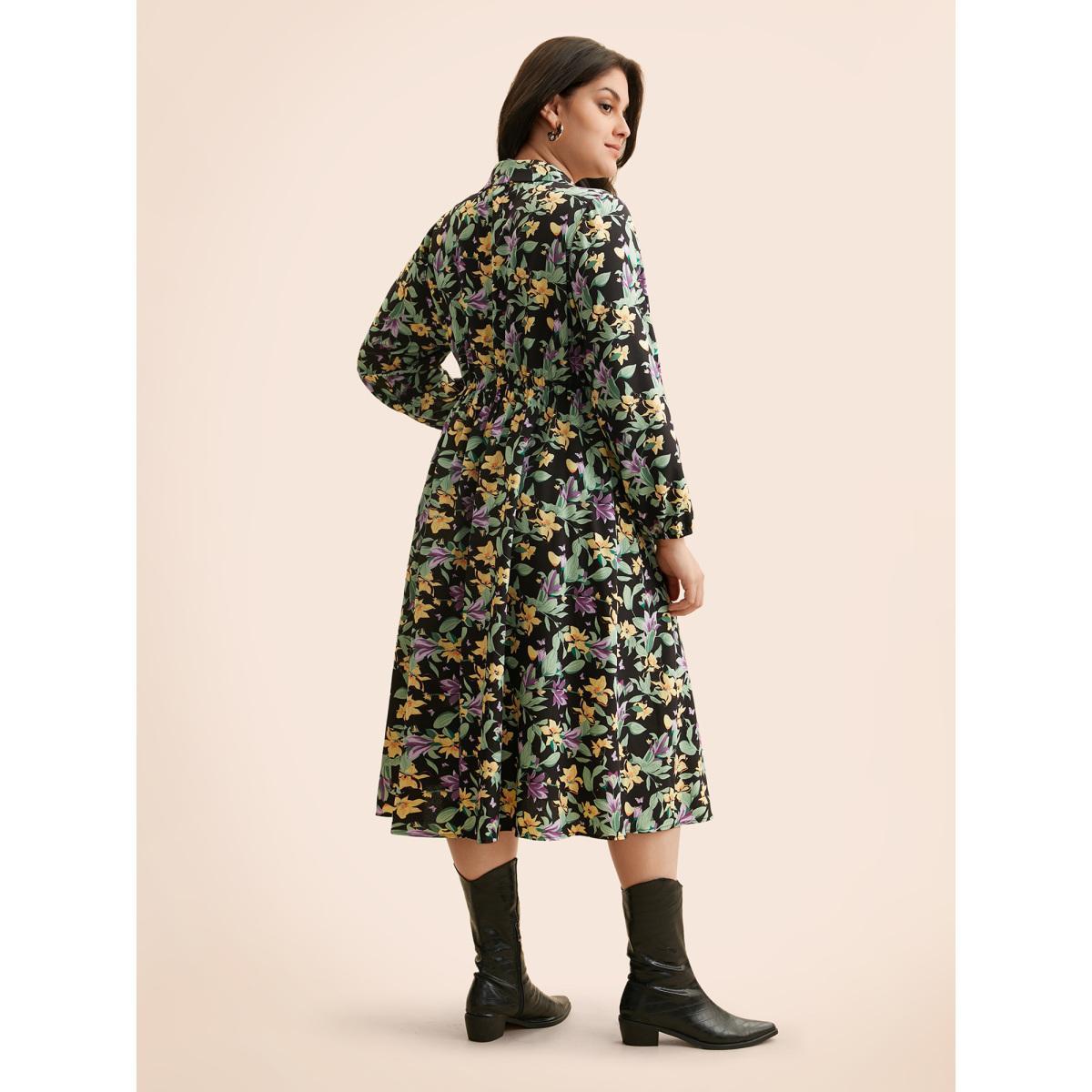 Plus Size Floral Overlap Collar Lantern Sleeve Dress Black Women Elegant Non Overlap Collar Long Sleeve Curvy BloomChic 12/L Product Image
