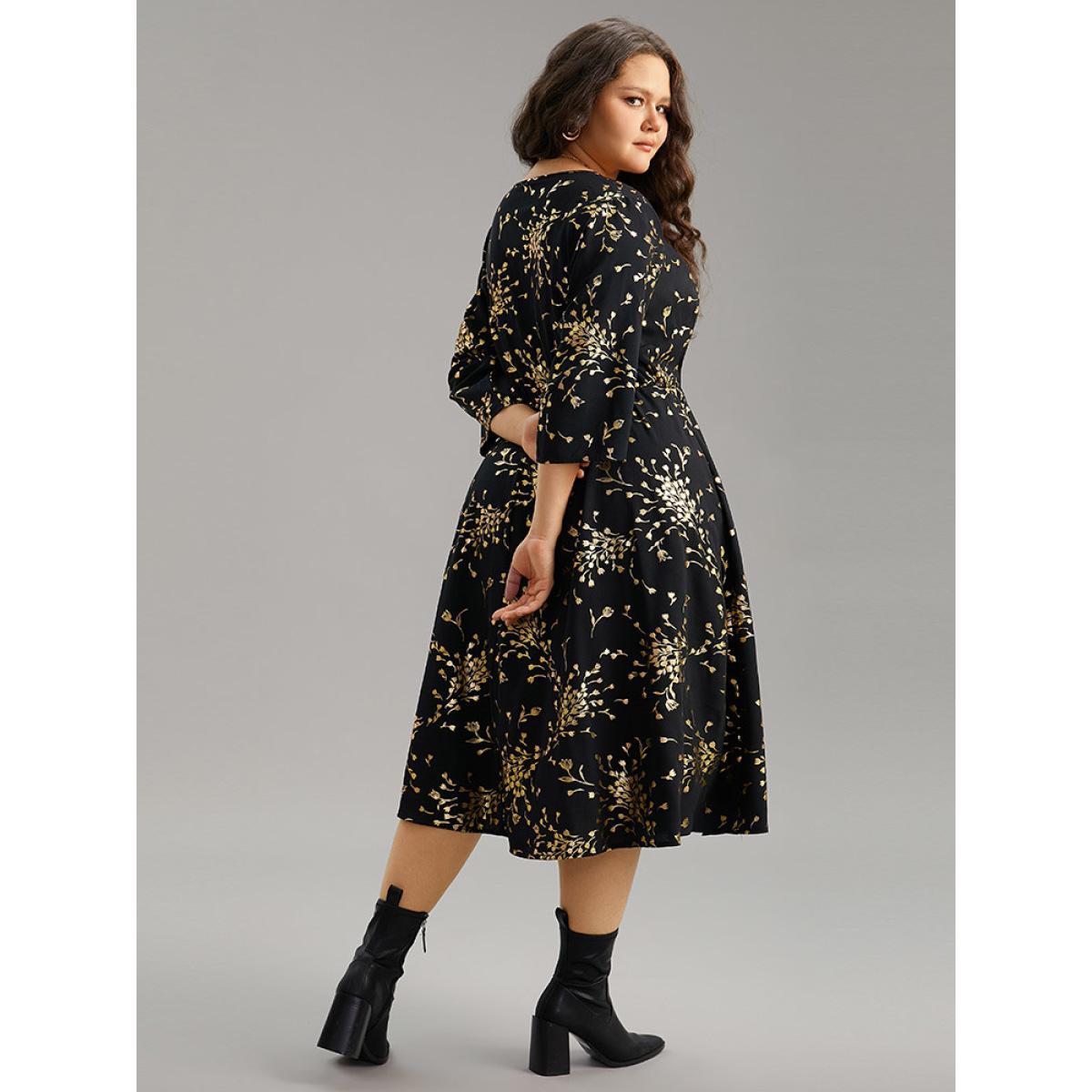 Plus Size Floral Glitter Pocket Gathered Detail Dress Black Women Elegant Wrap Overlap Collar Elbow-length sleeve Curvy Midi Dress BloomChic 10/M Product Image