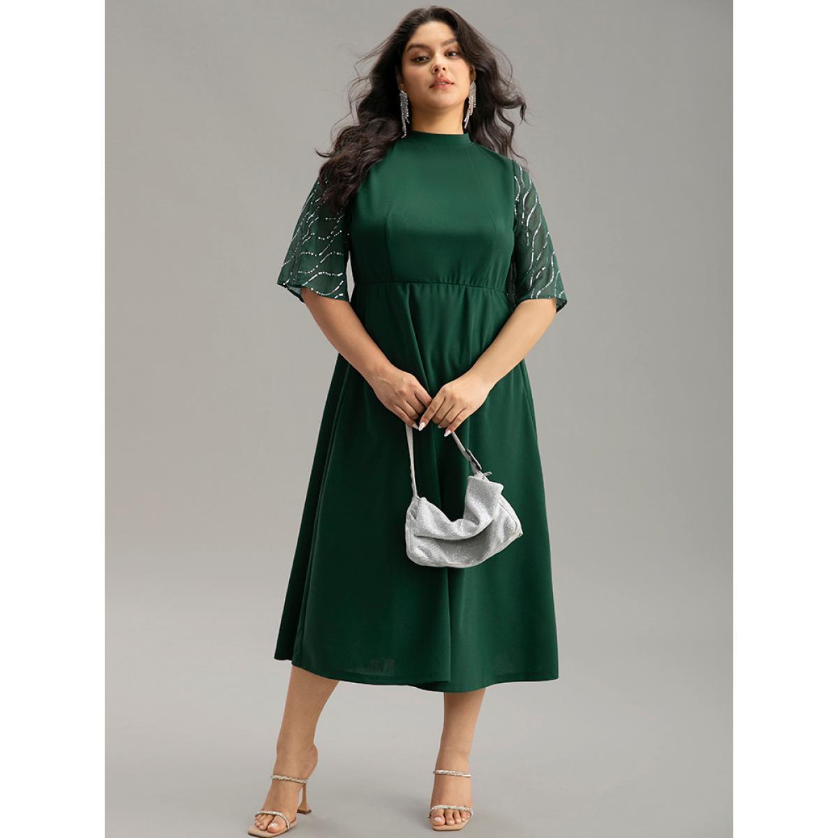 Plus Size Plain Mesh Sequin Patchwork Ruffle Sleeve Dress DarkGreen Women Party Sequin Stand-up collar Short sleeve Curvy Midi Dress BloomChic 18-20/2X Product Image