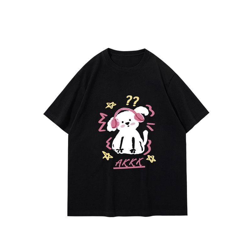 Short Sleeve Dog & Lettering Print Loose-Fit Tee Product Image