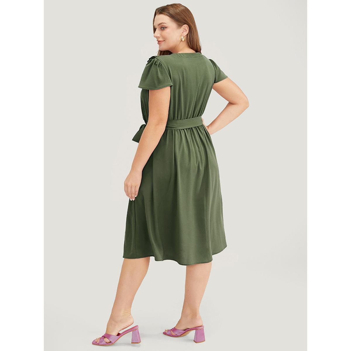 Plus Size Plain Notched Shirred Frill Trim Pocket Belted Dress ArmyGreen Women Office Gathered Notched collar Short sleeve Curvy Midi Dress BloomChic 10/M Product Image