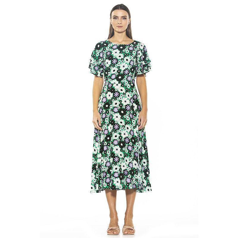 Women's ALEXIA ADMOR Lilia Ruffle-Sleeve Midi Dress, Size: 4, Green Product Image