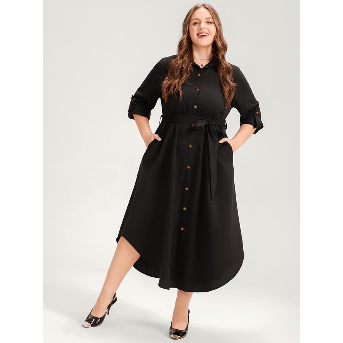 Plus Size Solid Shirt Collar Button Up Belted Arc Hem Dress Black Women Office Belted Shirt collar Long Sleeve Curvy Midi Dress BloomChic 26/4X Product Image