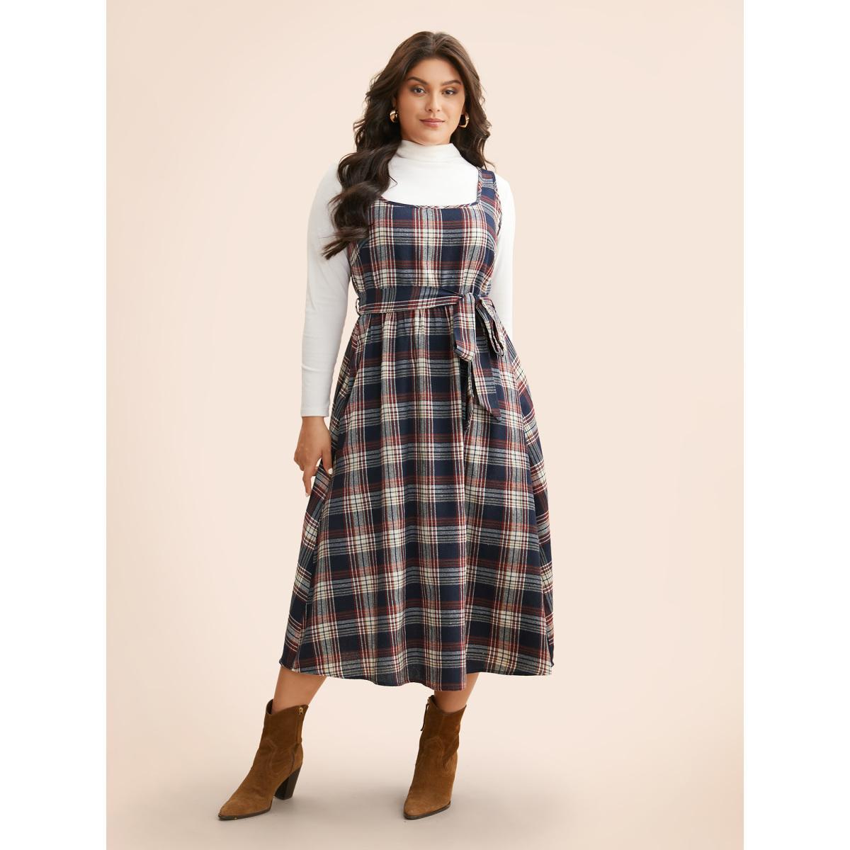 Plus Size Square Neck Plaid Belted Dress DarkBlue Women Elegant Belted Square Neck Sleeveless Curvy BloomChic 26/4X Product Image