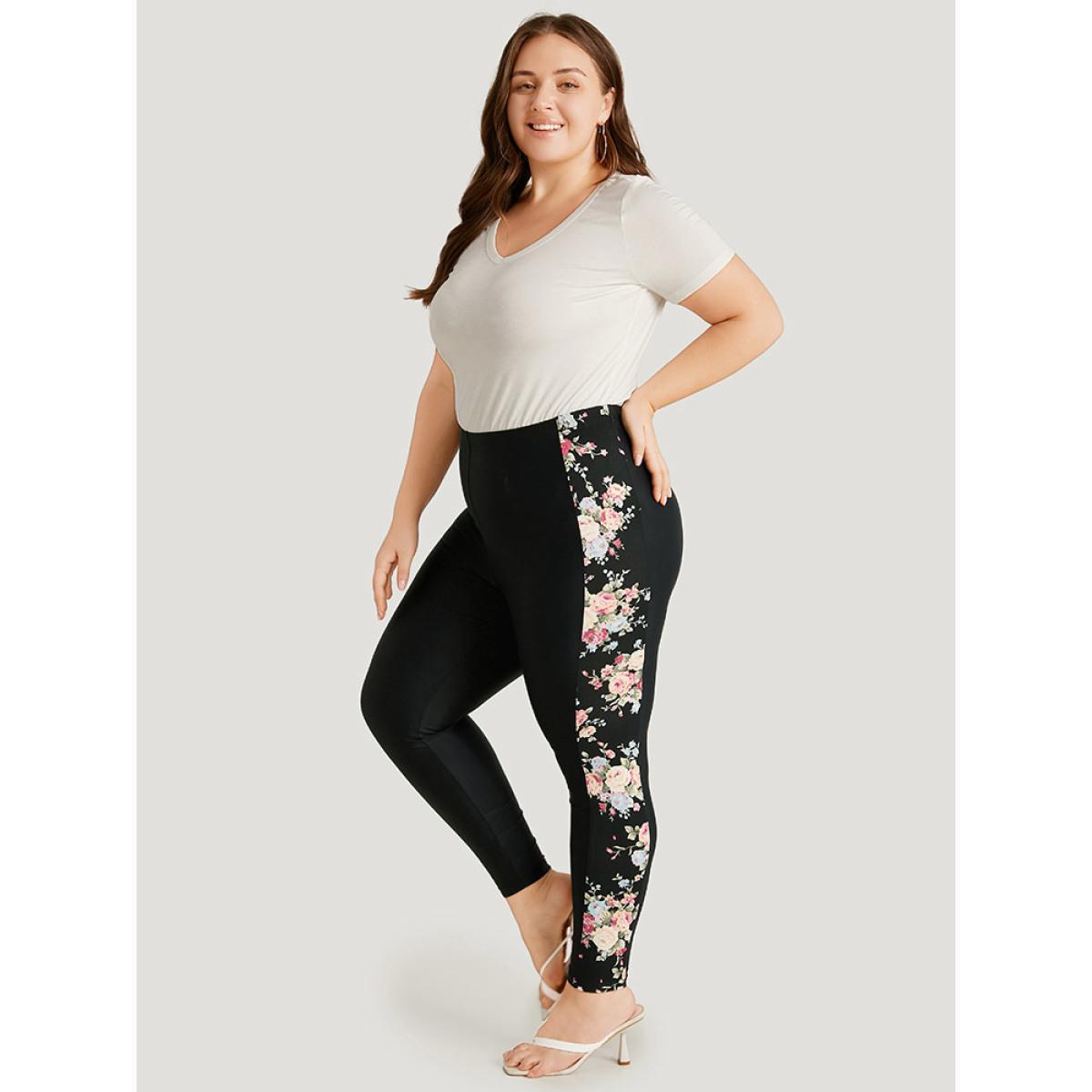 Plus Size Floral Print Elastic Waist High Rise Patchwork Leggings Women Black Elegant High stretch Skinny High Rise Dailywear Leggings BloomChic 14-16/1X Product Image
