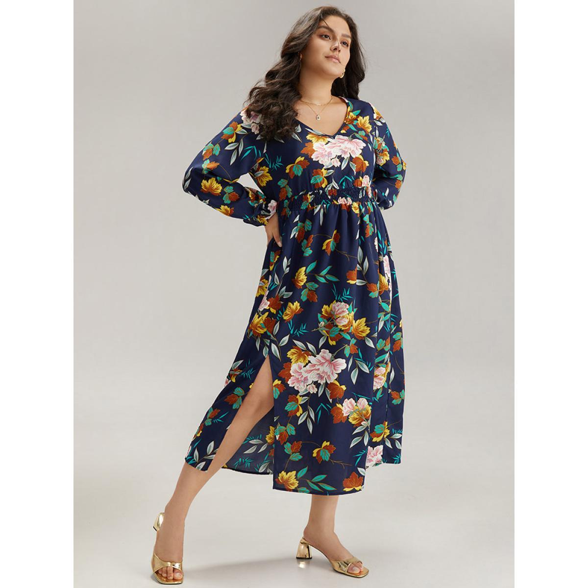 Plus Size Floral Print Split Side Ruffle Trim Dress Navy Women Elegant Printed V-neck Long Sleeve Curvy Midi Dress BloomChic 10/M Product Image