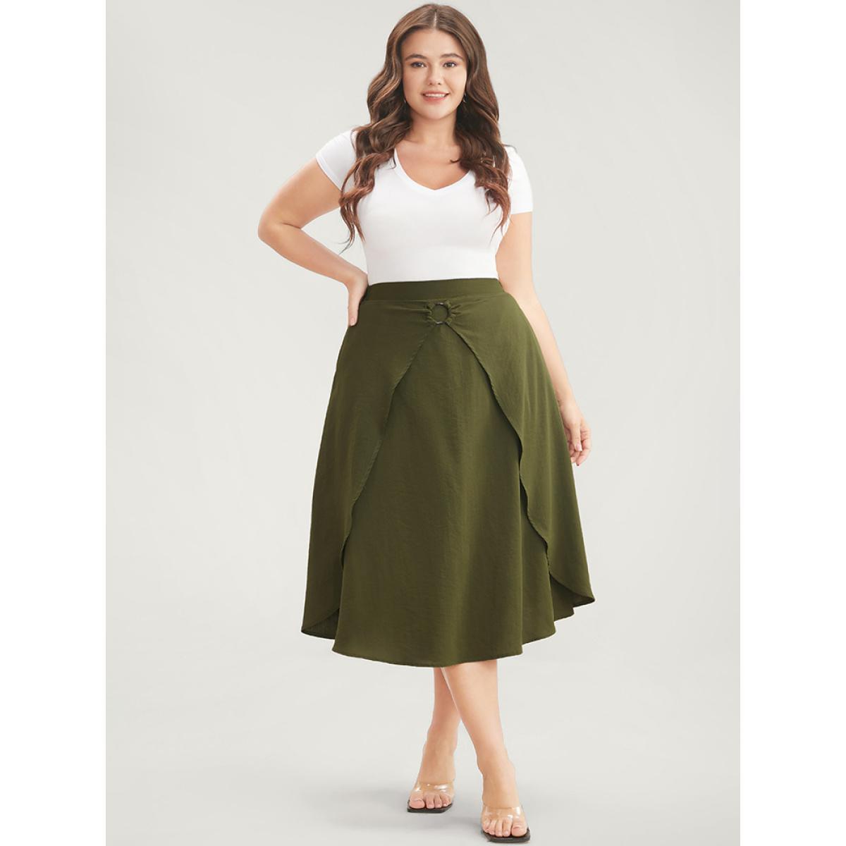Plus Size Plain Pocket Buckle Detail Asymmetrical Elastic Waist Skirt Women ArmyGreen Elegant Plain Loose No stretch Pocket Dailywear Skirts BloomChic 30/6X Product Image