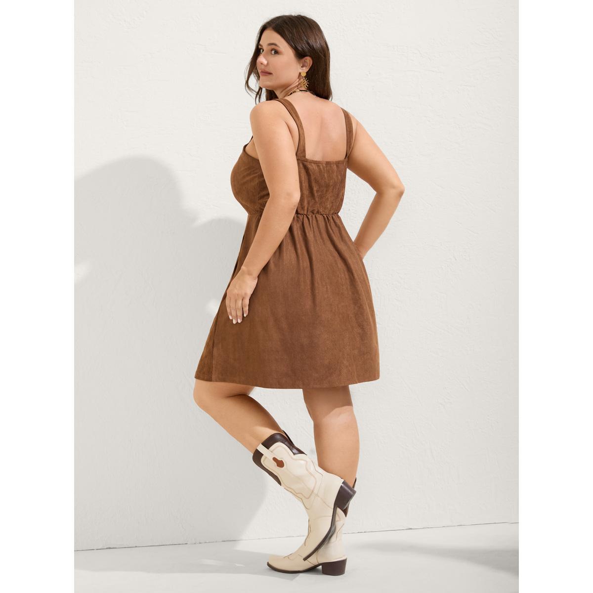 Plus Size Suede Button Placket Sweetheart Midi Dress Browncoffeecolor Women Square Neck Sleeveless Curvy BloomChic 28/5X Product Image