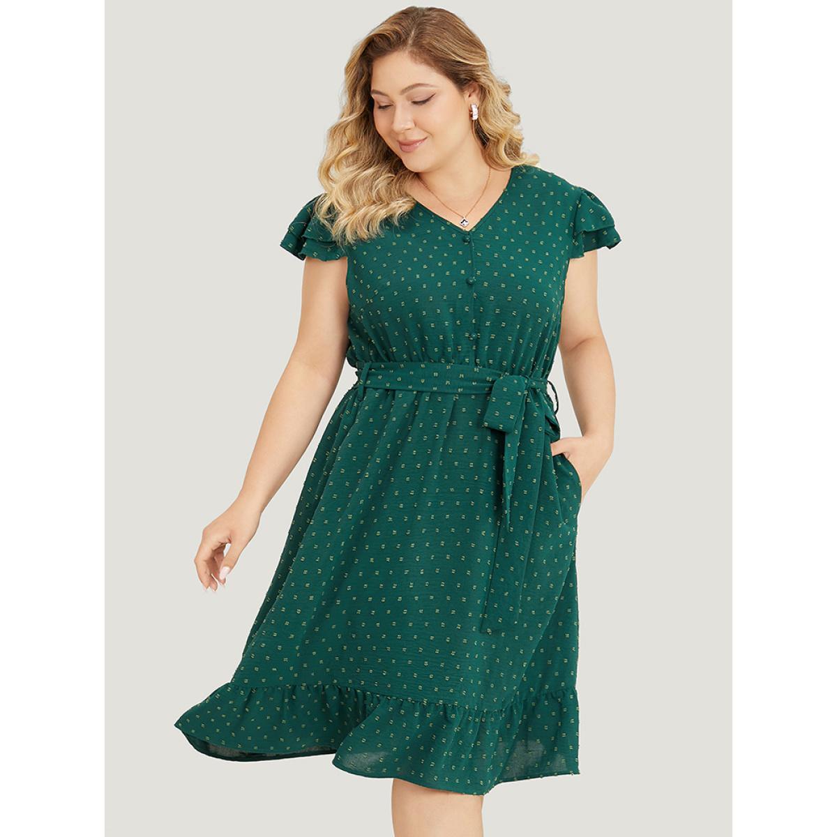 Plus Size Polka Dot Layered Sleeve Pocket Button Up Belted Flutter Dress Green Women Elegant Button V-neck Cap Sleeve Curvy Knee Dress BloomChic 10/M Product Image