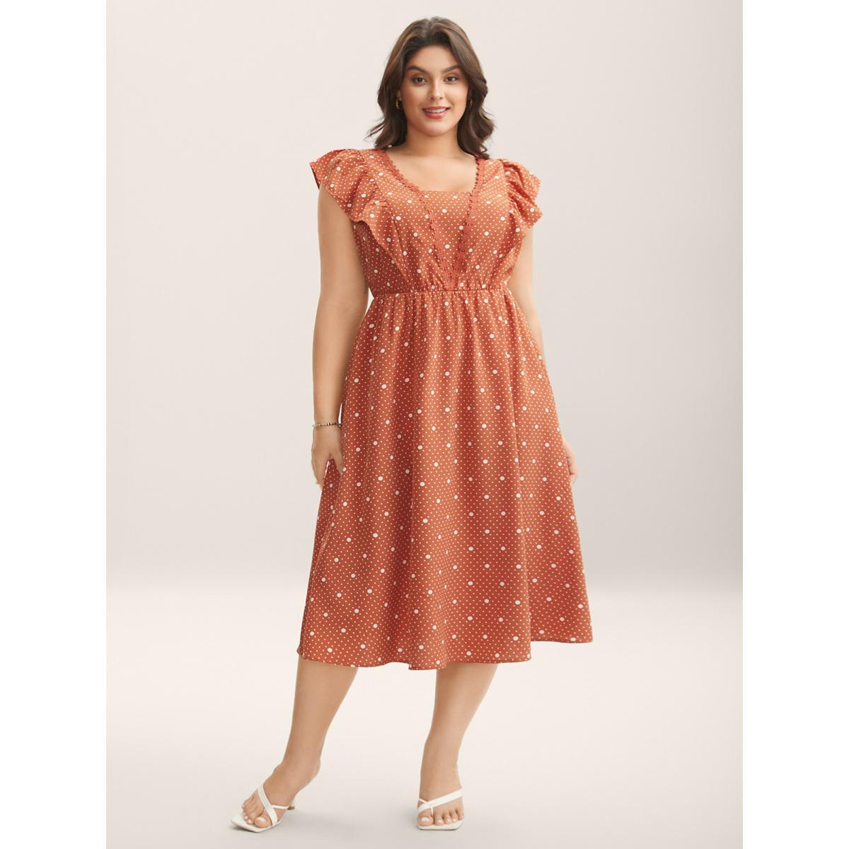 Plus Size Polka Dots Ruffled Cinched-Waist Dress Coral Women V-neck Short sleeve Curvy BloomChic 30/6X Product Image