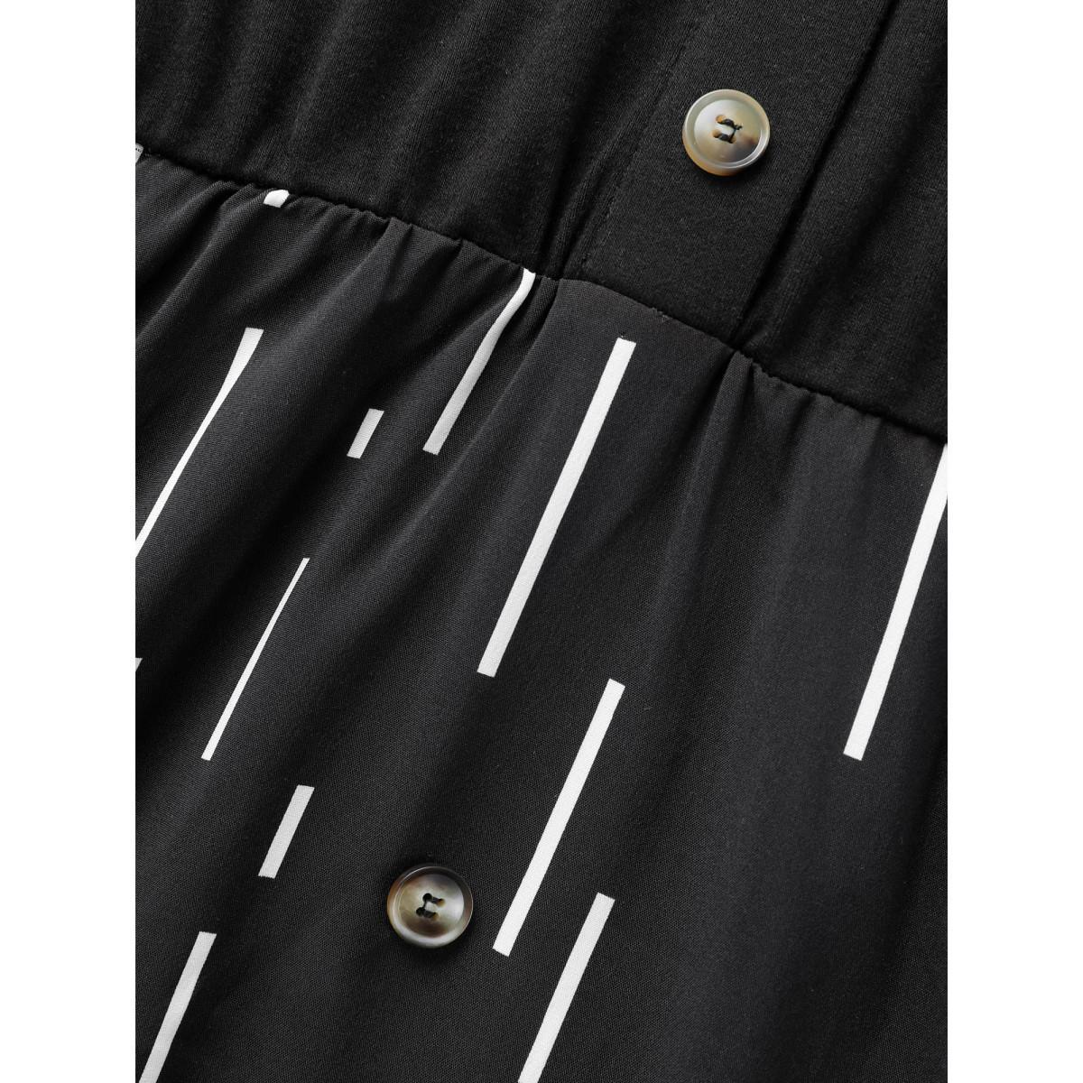 Plus Size Striped Patchwork Button Detail Belted Dress Black Women Workwear Essentials Belted Shirt collar Short sleeve Curvy BloomChic 10/M Product Image