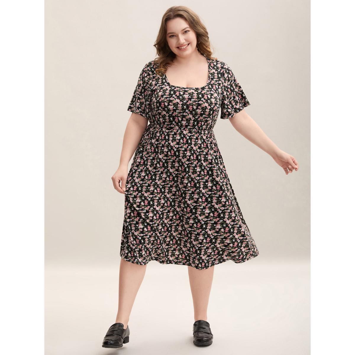Plus Size Floral Print Square Neck Straight-Fit Midi Dress Black Women Casual Non U-neck Short sleeve Curvy BloomChic 14-16/1X Product Image