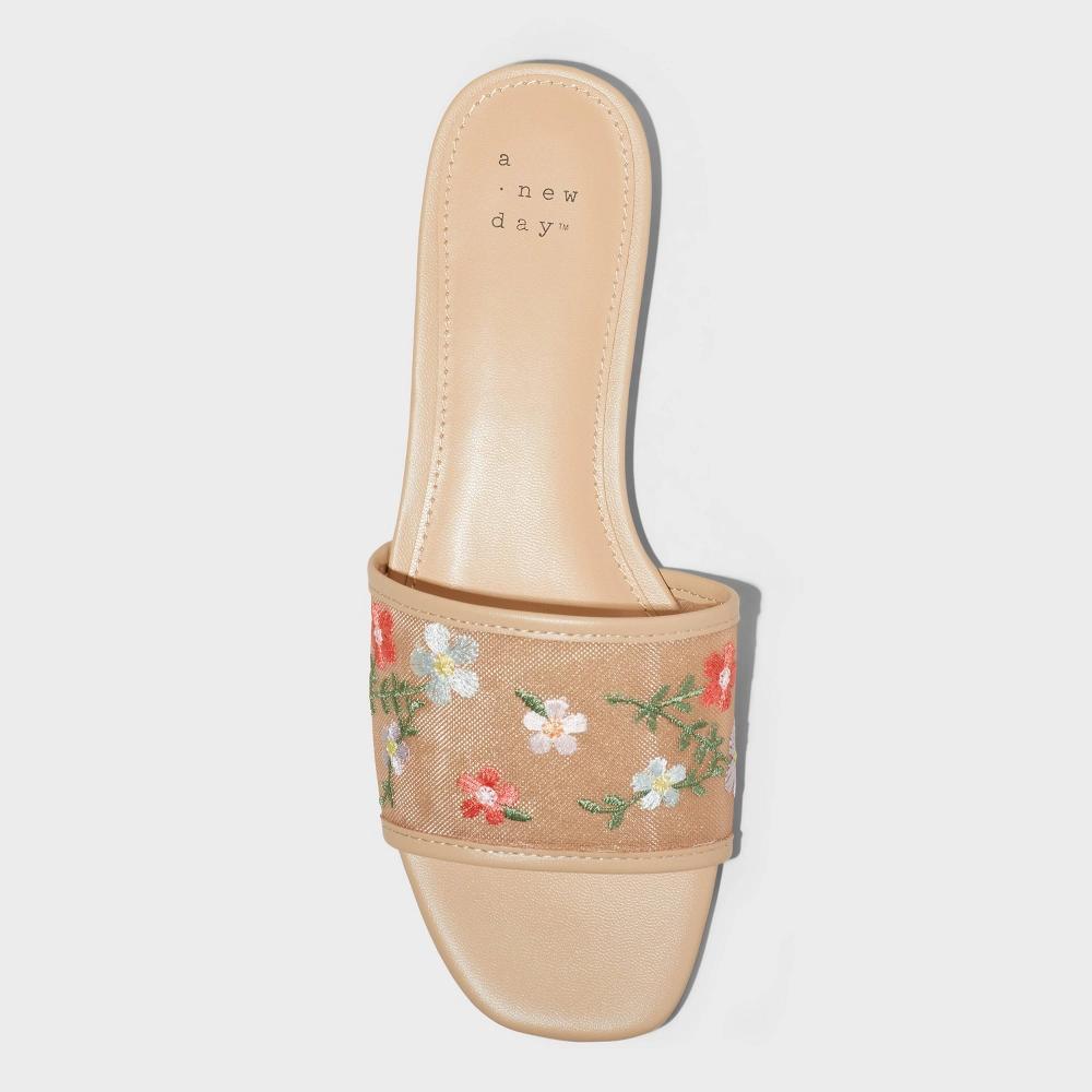 Women's Elain Floral Embroidered Mesh Slide Sandals with Memory Foam Insole - A New Day™ Tan 7: Slip-On, Open Toe, Textured Outsole Product Image