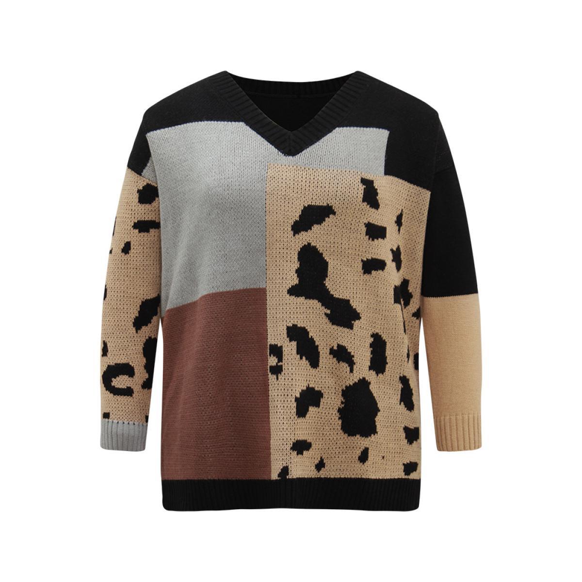 Plus Size Leopard Colorblock Contrast Pullover Black Women Casual Loose Long Sleeve V-neck Everyday Pullovers BloomChic 12/L Product Image