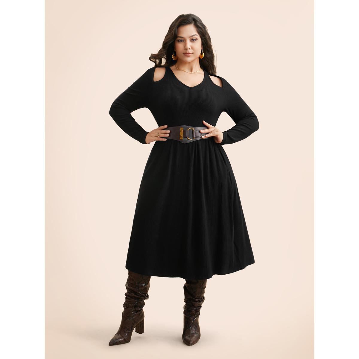 Plus Size Solid Pit Strip Cut Out Dress Black Women Elegant Texture V-neck Long Sleeve Curvy BloomChic 12/L Product Image