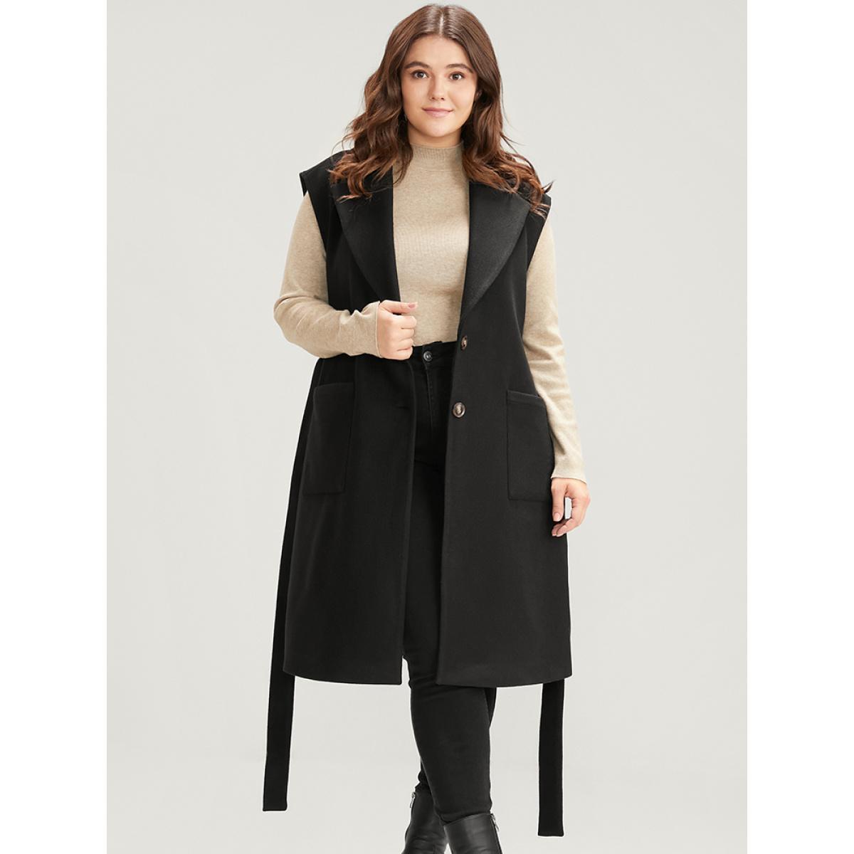 Plus Size Solid Suit Collar Pocket Belted Sleeveless Coat Women Black Office Cross straps Ladies Work Winter Coats BloomChic 12/L Product Image