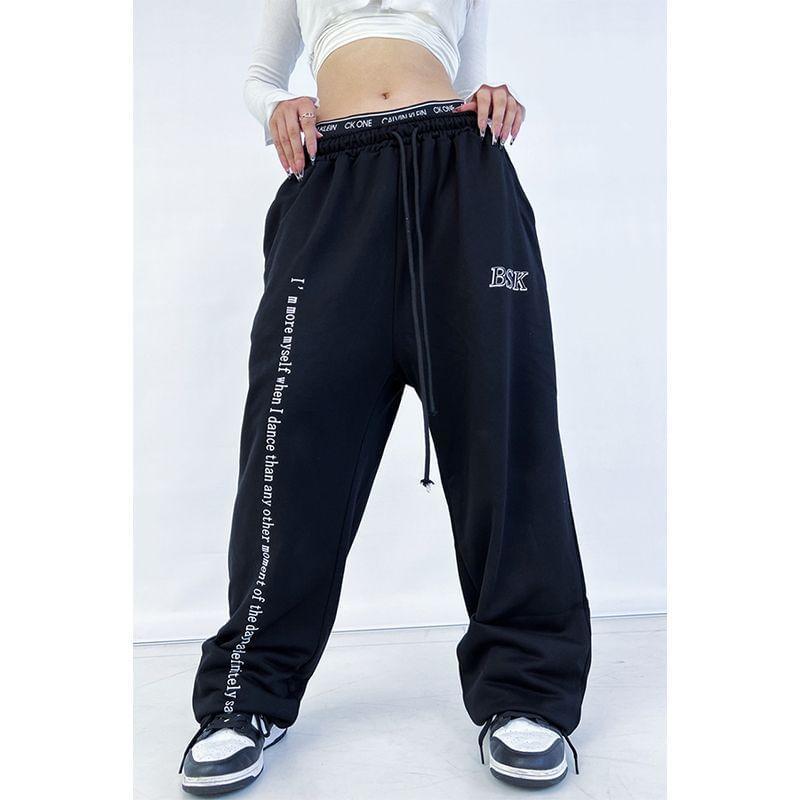 Drawstring Waist Lettering Print Wide Leg Sweatpants Product Image