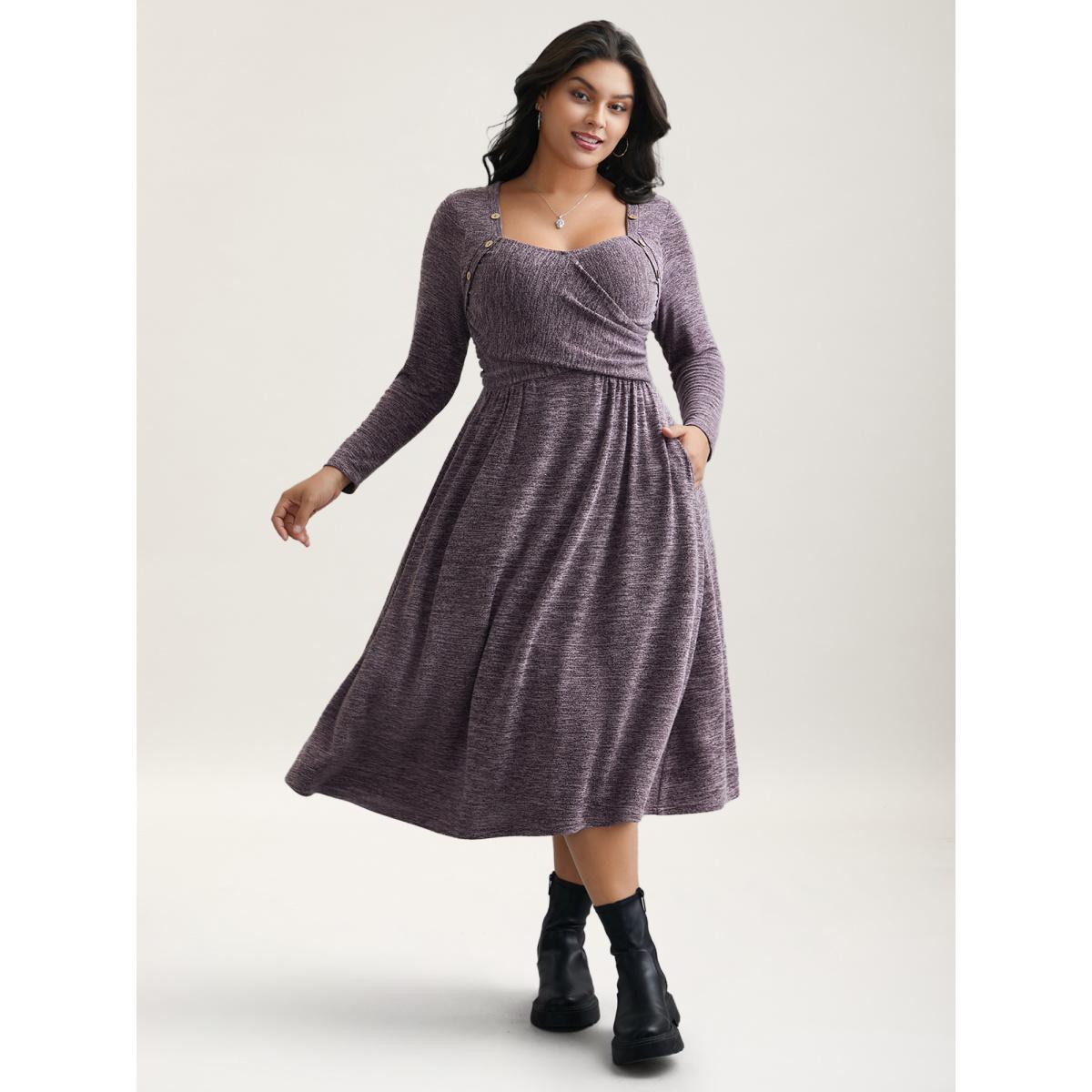 Plus Size Heart Neckline Button Detailing Crossover Fit Dress Mauve Women Casual Gathered Knit Dresses Bloomchic 10/M Product Image