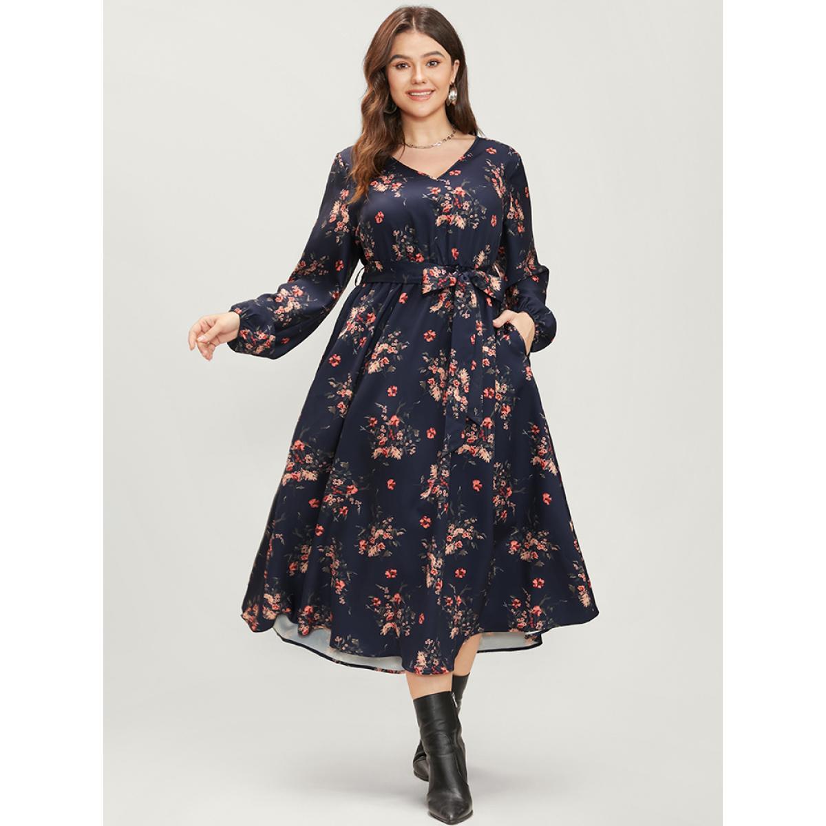 Plus Size Floral Print V Neck Lantern Sleeve Pocket Belted Dress Navy Women Elegant Elastic Waist V-neck Long Sleeve Curvy Midi Dress BloomChic 30/6X Product Image
