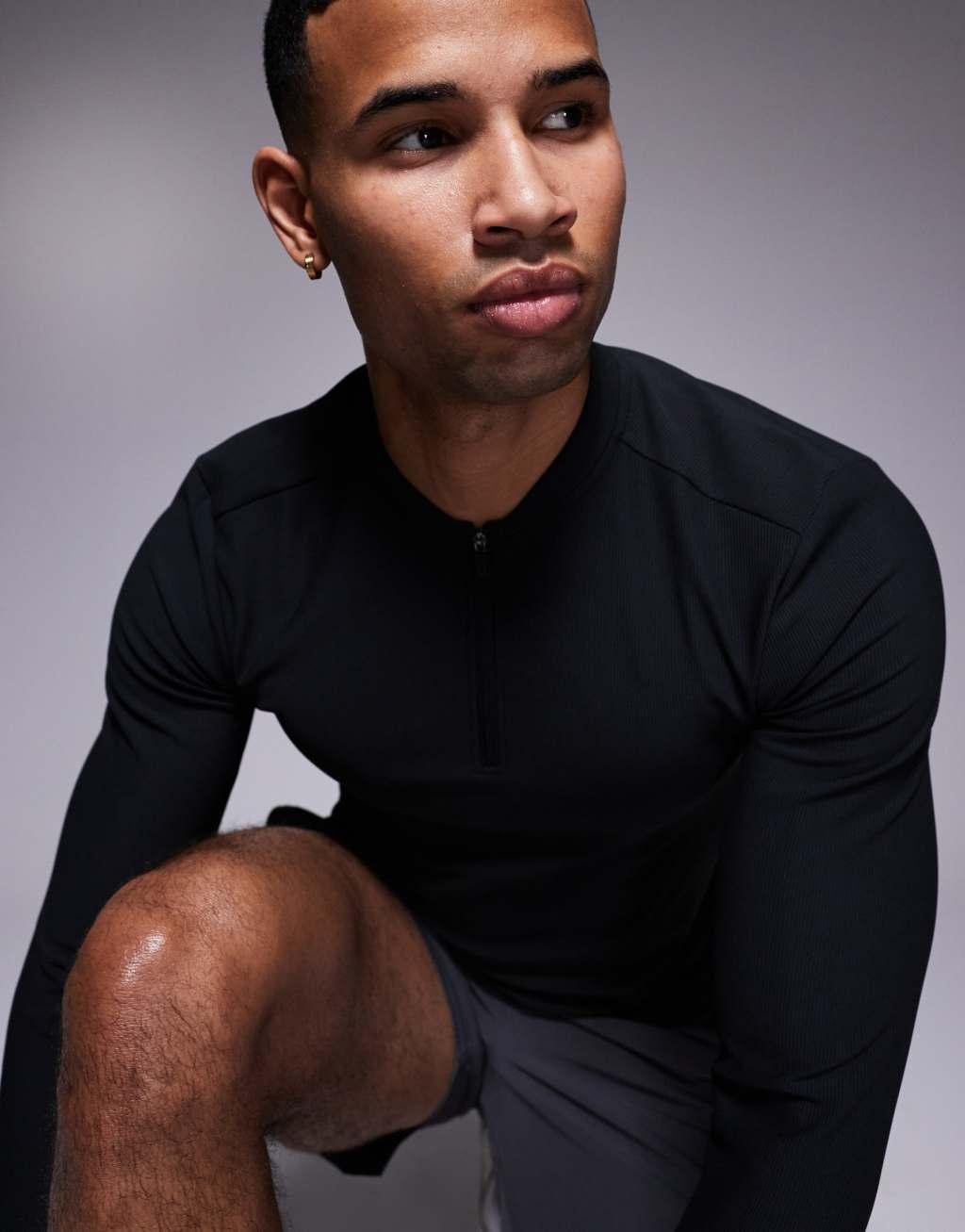 4505 active rib knit slim fit long sleeve zip up training top in black  Product Image