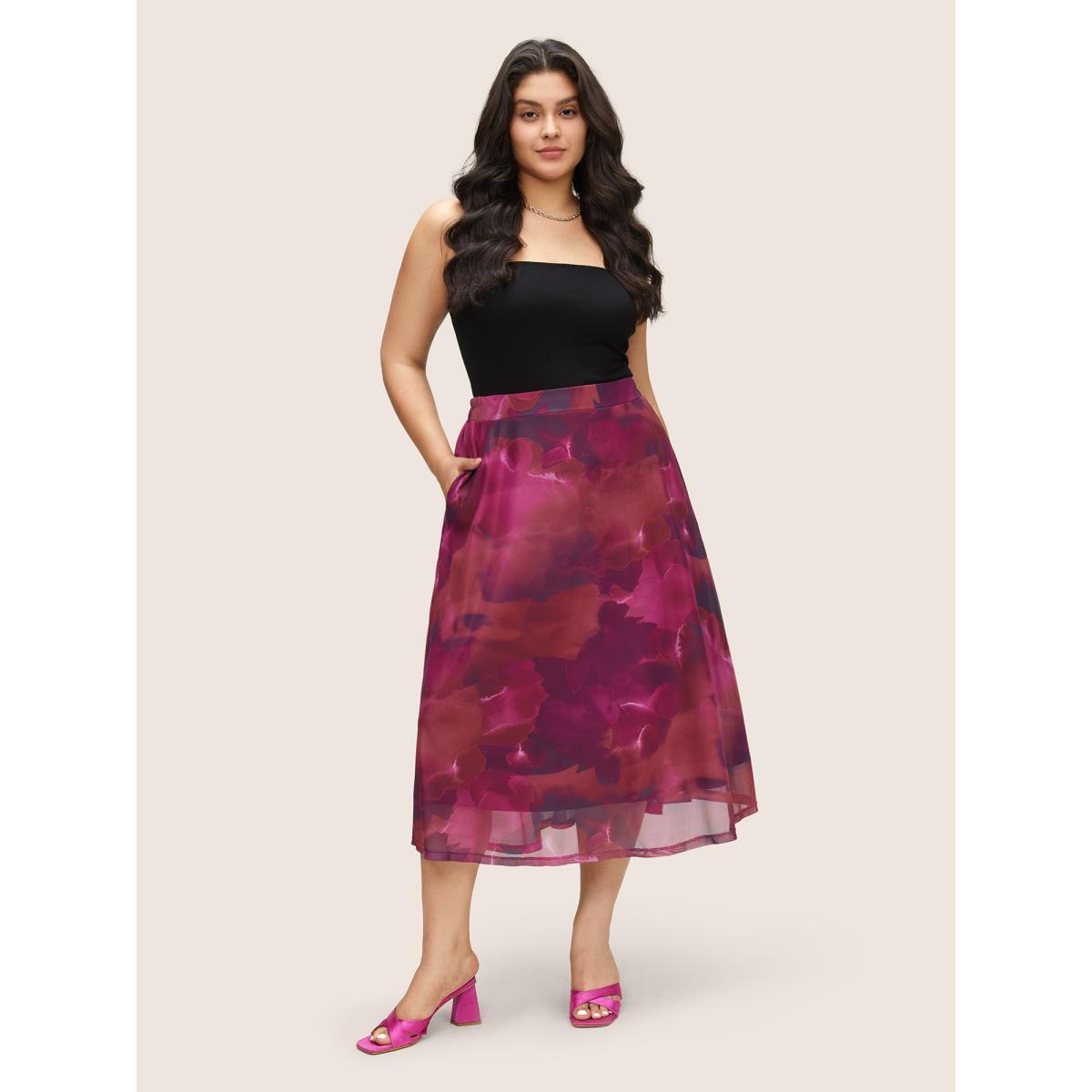 Plus Size Pixel Flower Elastic Waist Patchwork Mesh Skirt Women RedViolet Elegant Non Low stretch Slanted pocket Everyday Skirts BloomChic 10/M Product Image