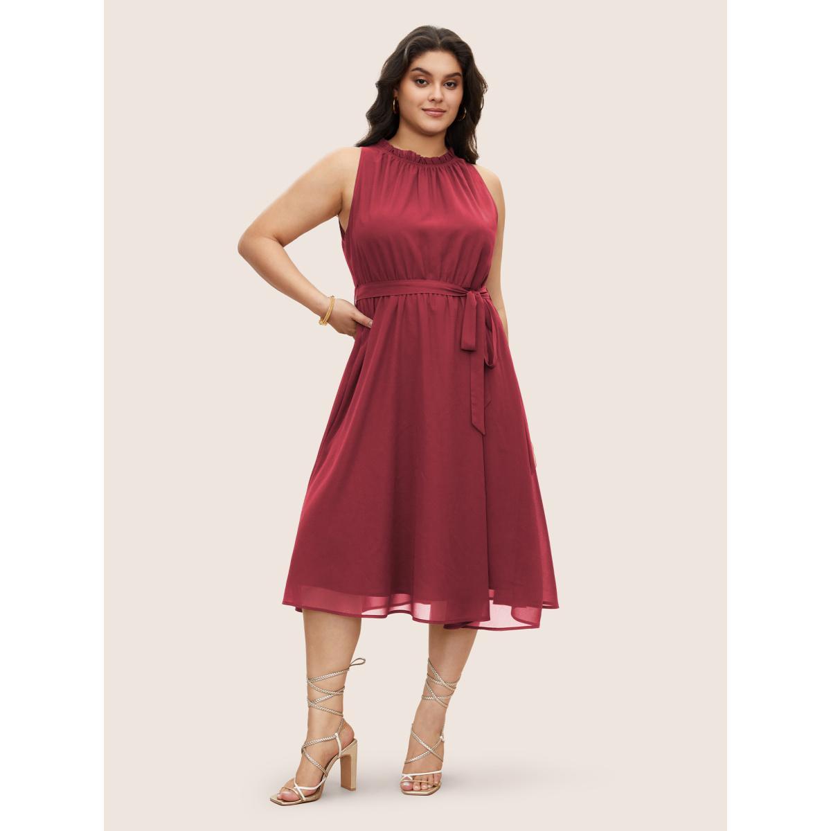 Plus Size Plain Sleeveless Frill Trim Pocket Belted Mock Neck Dress Scarlet Women At the Office Pocket Mock Neck Sleeveless Curvy Midi Dress BloomChic 26/4X Product Image