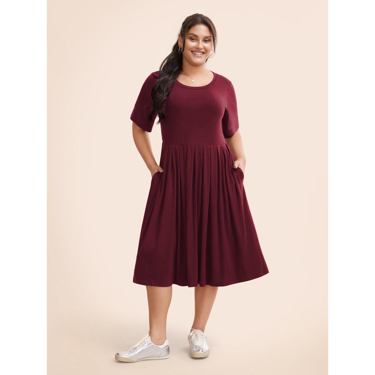 Plus Size Supersoft Essentials Solid Pleated Round Neck Midi Dress Burgundy Women Casual Plain Round Neck Short sleeve Curvy Midi Dress BloomChic 26/4X Product Image
