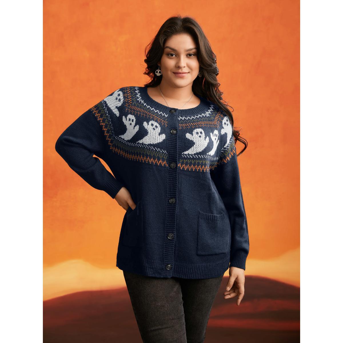 Plus Size Ghostly Fair Isle Button-Up Cardigan Indigo Women Casual Long Sleeve Everyday Cardigans BloomChic 22-24/3X Product Image