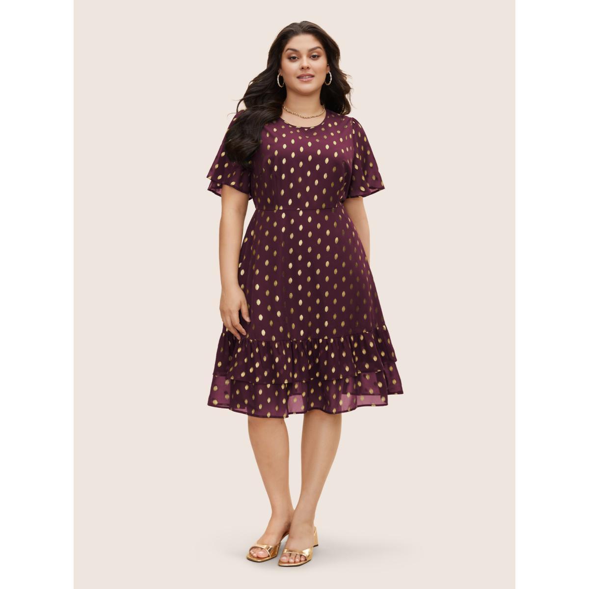 Plus Size Glitter Polka Dot Patchwork Ruffles Dress Burgundy Women Cocktail See through Round Neck Short sleeve Curvy BloomChic 30/6X Product Image