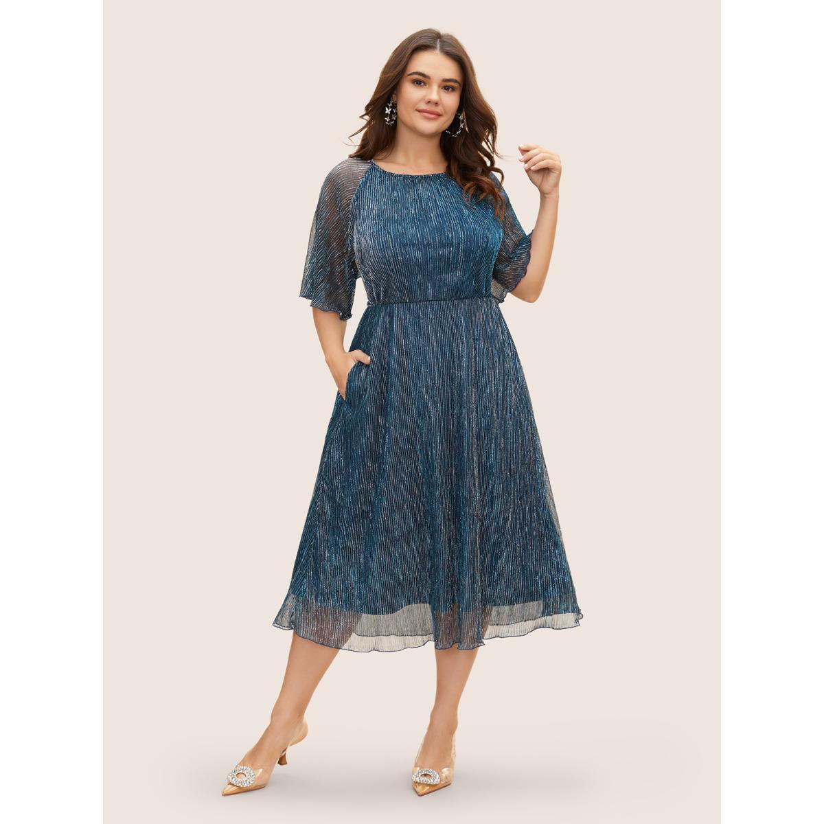 Plus Size Luxe Textured Flutter Sleeve Midi Dress Indigo Women Elegant Texture Round Neck Half Sleeve Curvy BloomChic 14-16/1X Product Image