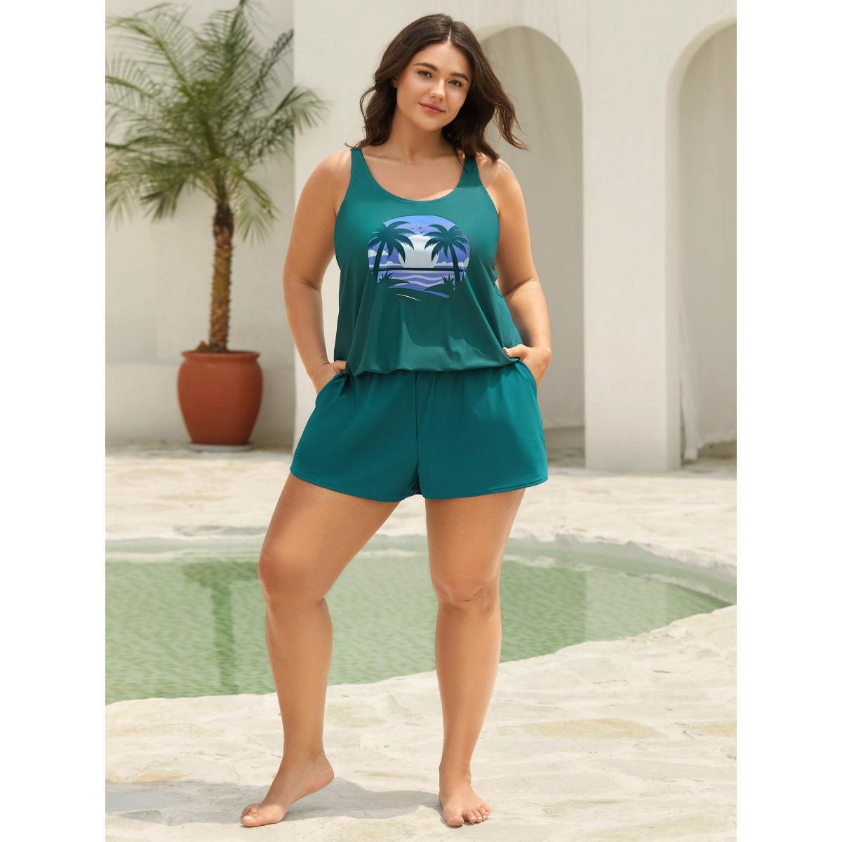 Plus Size Island Pattern Pockets One-Piece Swimsuit Women's Swimwear Cyan Beach Curve Bathing Suits High stretch One Pieces BloomChic 22-24/3X Product Image