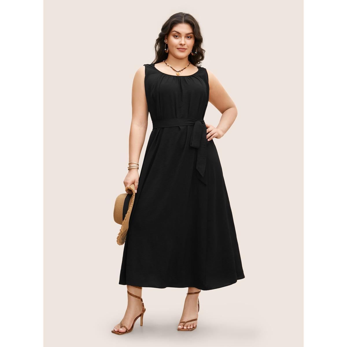 Plus Size Solid Crocheted Backless Sleeveless Midi Dress Black Women Resort Woven ribbon&lace trim Round Neck Sleeveless Curvy BloomChic 10/M Product Image