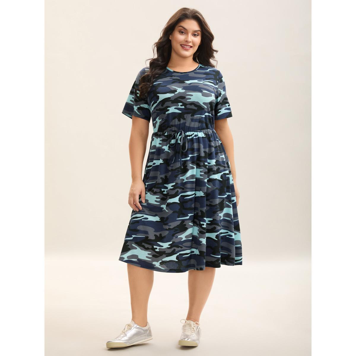 Plus Size Camouflage Print Round Neck Pockets Midi Dress Navy Women Casual Tie knot Knit Dresses Bloomchic 26/4X Product Image